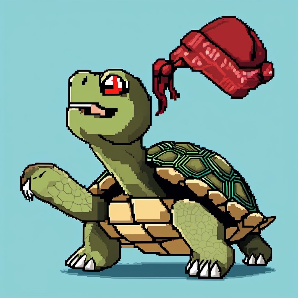 ((Turtle wearing a hat on the head:1.6)), turtle's red eyes, limbs crawling forward, (full body), (side full body picture), sky blue background, (Pixel art:1.5), pixel style,pixelstyle,