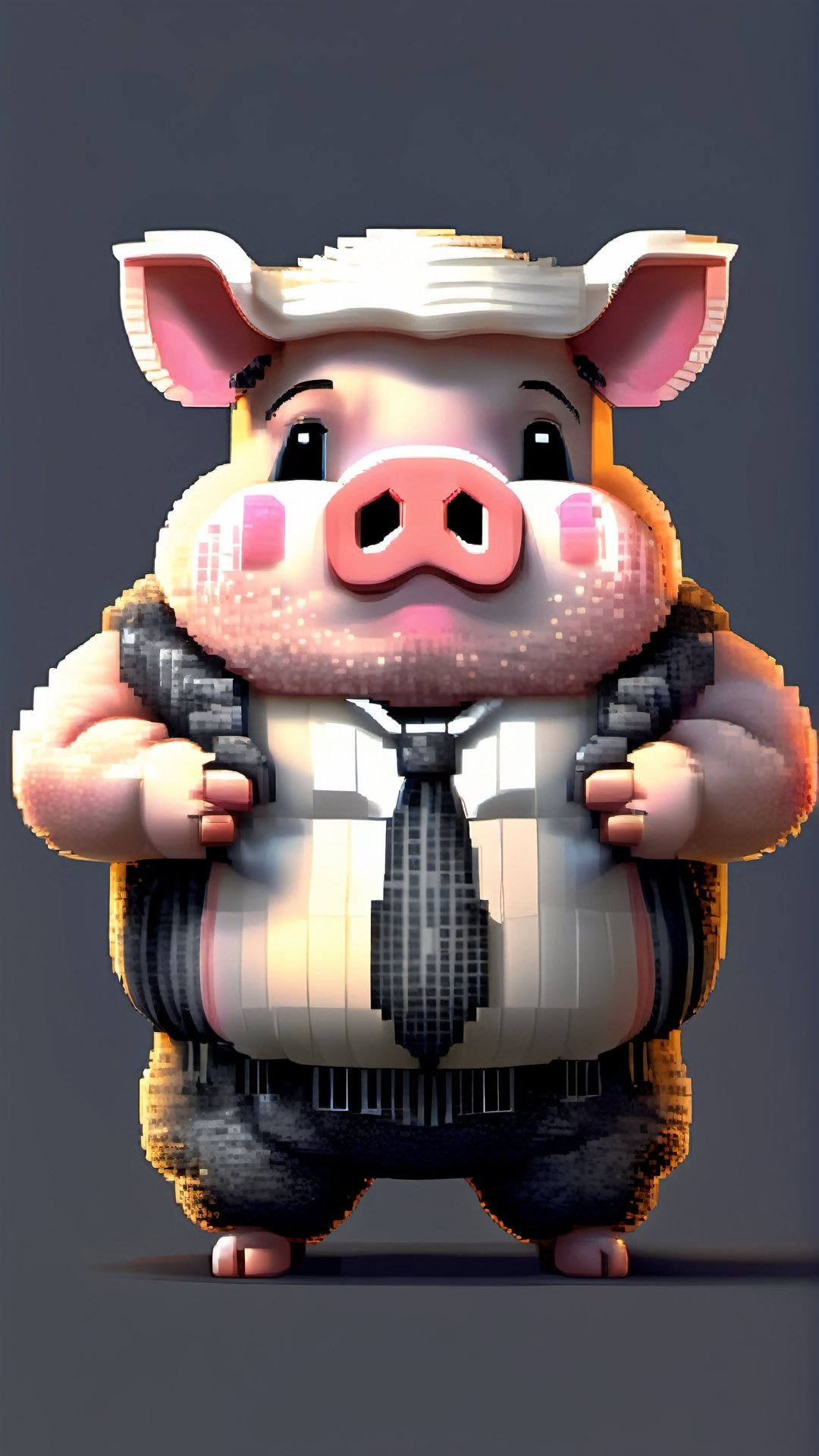 (a white-striped pig, anthropomorphic figure), weighing 100kg, (hair is a braid, the braid is draped across the chest), ((wearing a suit, the figure)), (standing on two legs), commanding with both hands forward, smiling towards the camera,pixel style