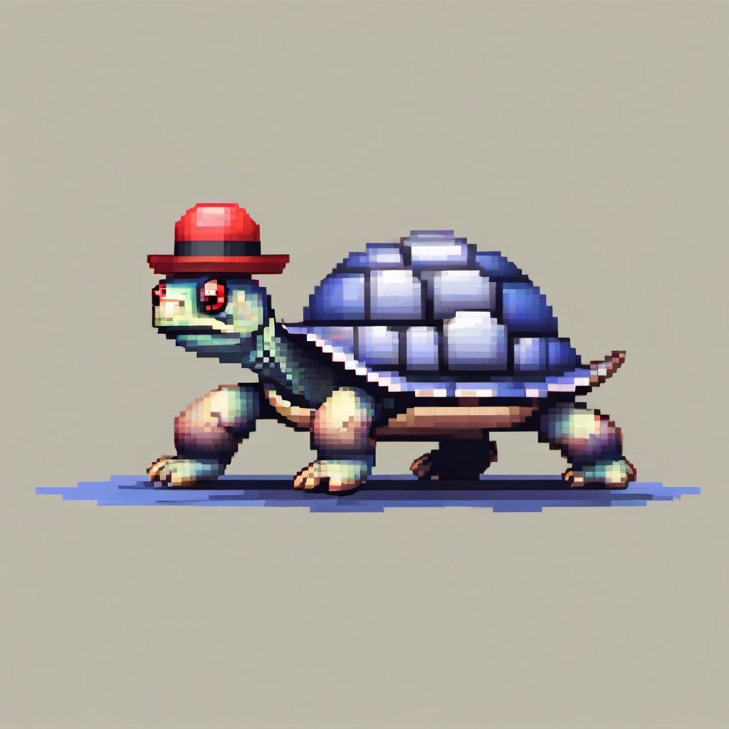 A turtle, ((with a hat on his head and red eyes:1.5)), crawling forward on all fours,
(full body picture),
(from the side),
A blue background,
(Pixel Art :1.3), Pixel style,