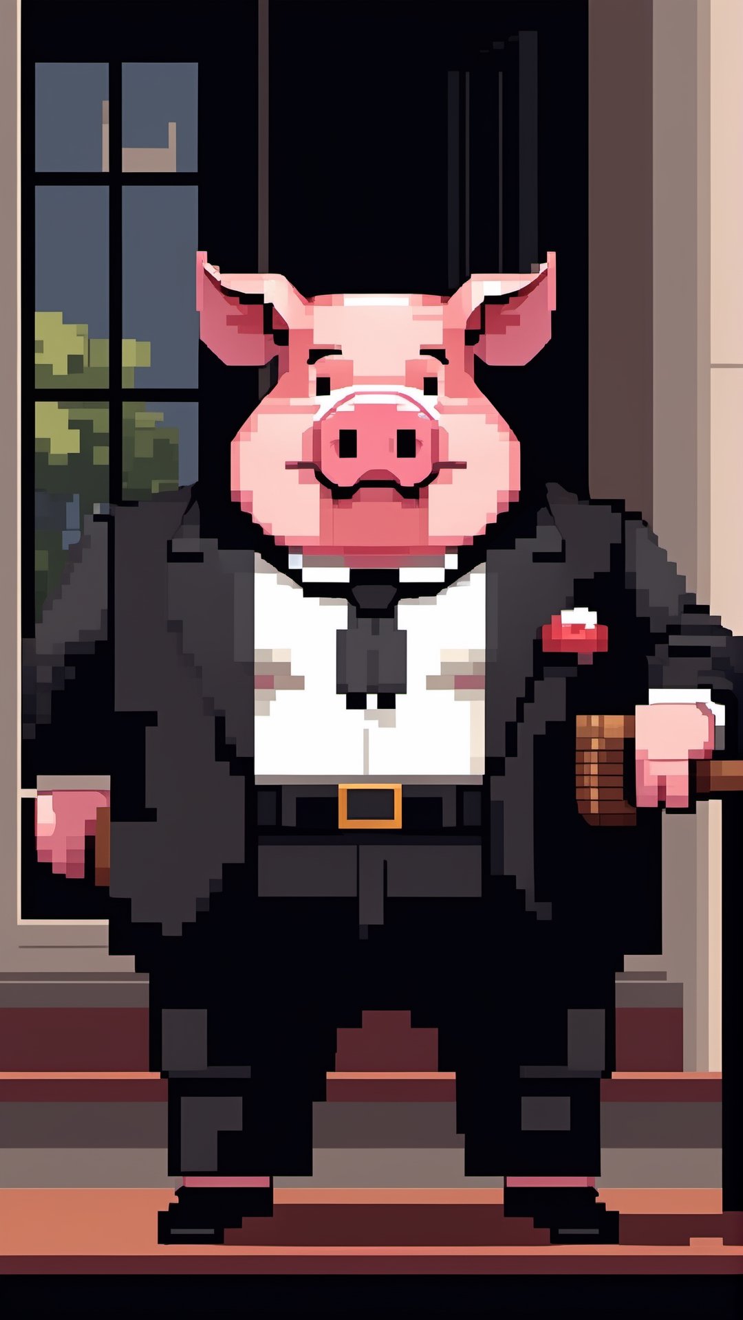 A political dictator, an arms dealer, (a pig with Chinese characteristics, revolver in hand), (Revolver), ((Pig President)), (Pig President), (Pig Man), fat figure, masterpiece, super detail, (animal anthropomorphic)), gangster theme, smoking, black suit, Father style, smiling at the camera, looking at the audience, standing on the balcony, Solid color background, super clear, super facial detail, intricate, fat, whole body, height :1.1, (castle :1.3),((pixel style:1.3)),fat