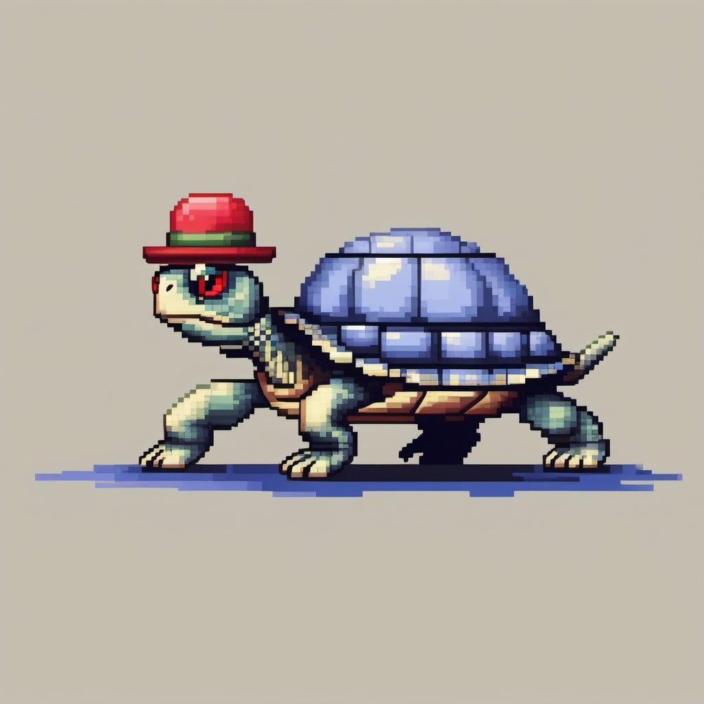 A turtle, ((with a hat on his head and red eyes:1.5)), crawling forward on all fours,
(full body picture),
(from the side),
A blue background,
(Pixel Art :1.3), Pixel style,