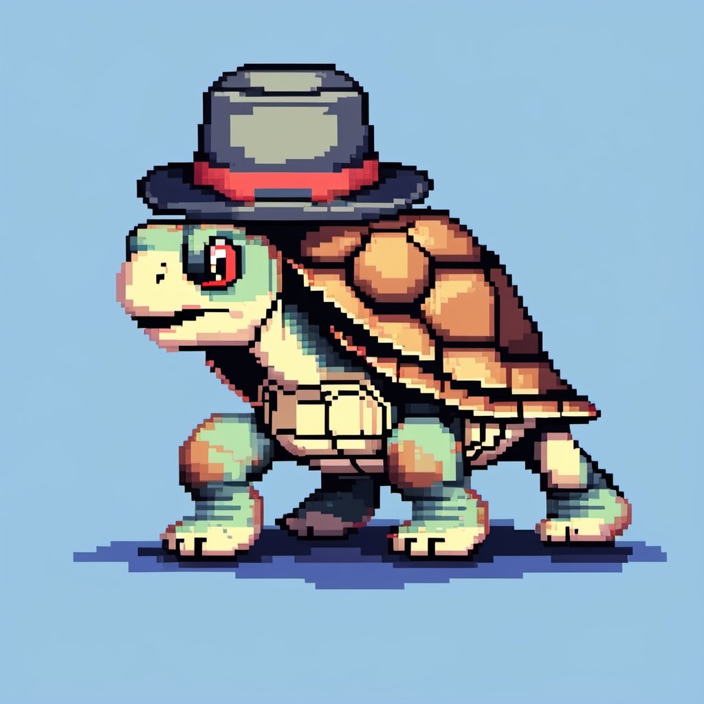 ((Turtle wearing a hat on the head:1.6)), turtle's red eyes, limbs crawling forward, (full body), (side full body picture), sky blue background, ((Pixel art:1.5)), pixel style,pixelstyle,