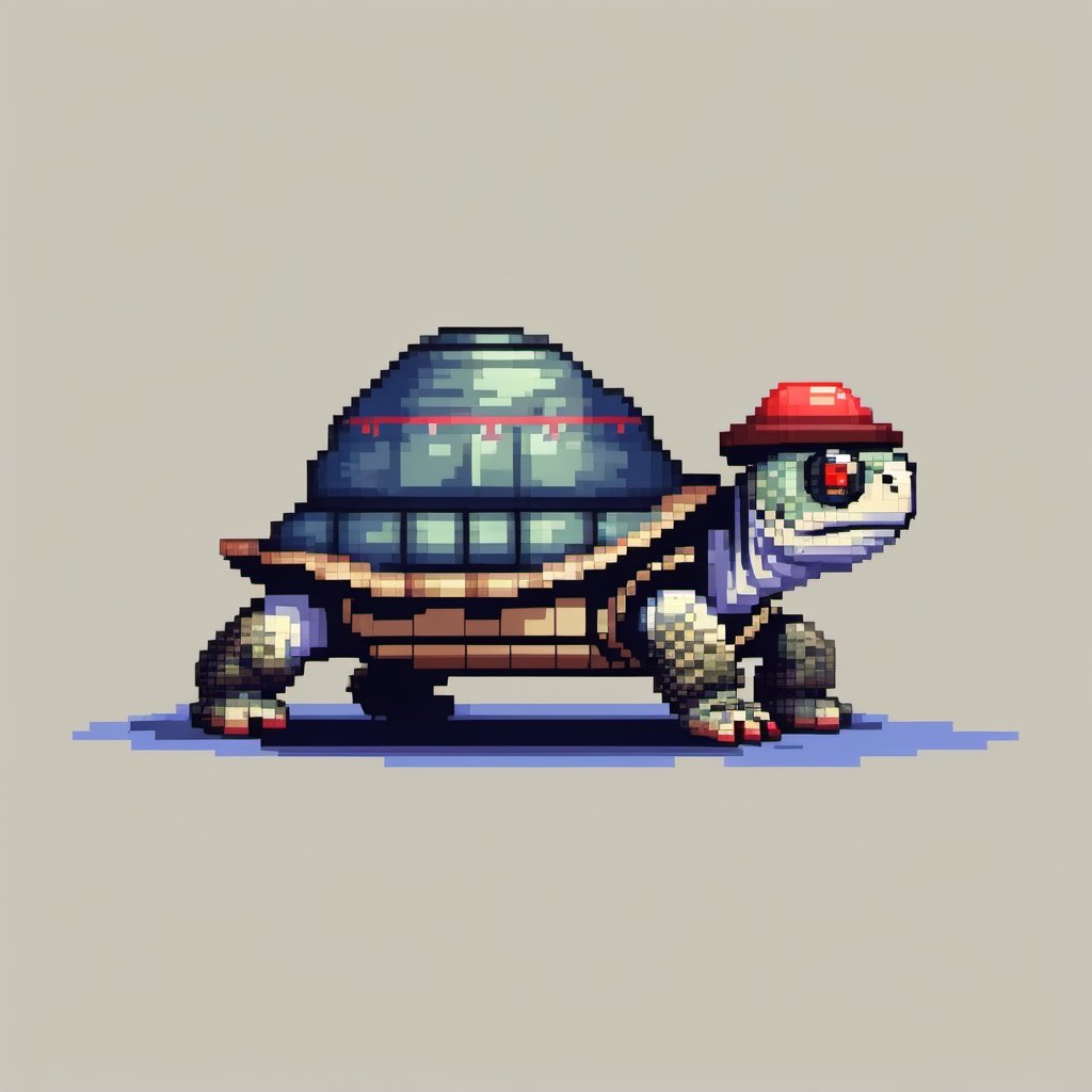 A turtle, ((with a hat on his head and red eyes:1.5)), crawling forward on all fours,
(full body picture),
(from the side),
A blue background,
(Pixel Art :1.3), Pixel style,