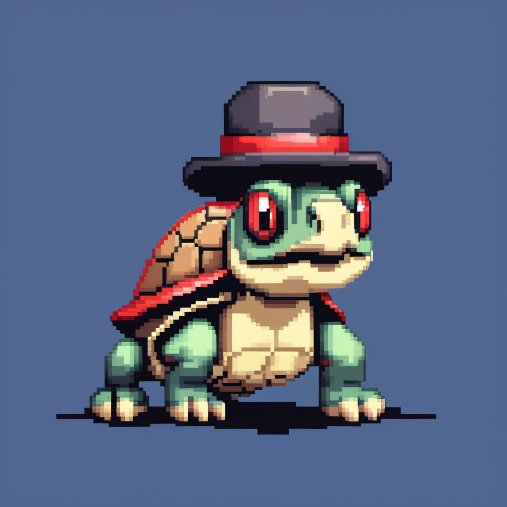 A turtle, ((with a hat on his head and red eyes:1.1)), crawling forward on all fours,
(full body picture),
(from the side),
A blue background,
(Pixel Art :1.3), Pixel style,