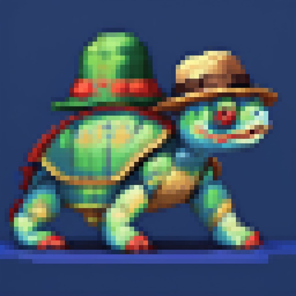 A turtle, ((with a hat on his head and red eyes:1.1)), crawling forward on all fours,(full body picture),(from the side:1.9),
A blue background,(Pixel Art :1.3), Pixel style,pixelartstyle