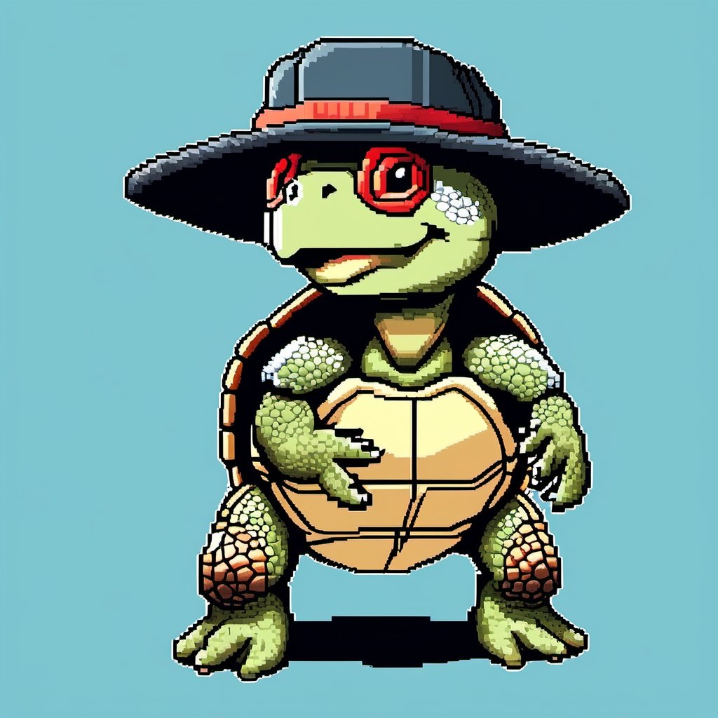 ((Turtle wearing a hat on the head:1.6)), turtle's red eyes, limbs crawling forward, (full body), (side full body picture), sky blue background, (Pixel art:1.5), pixel style,pixelstyle,