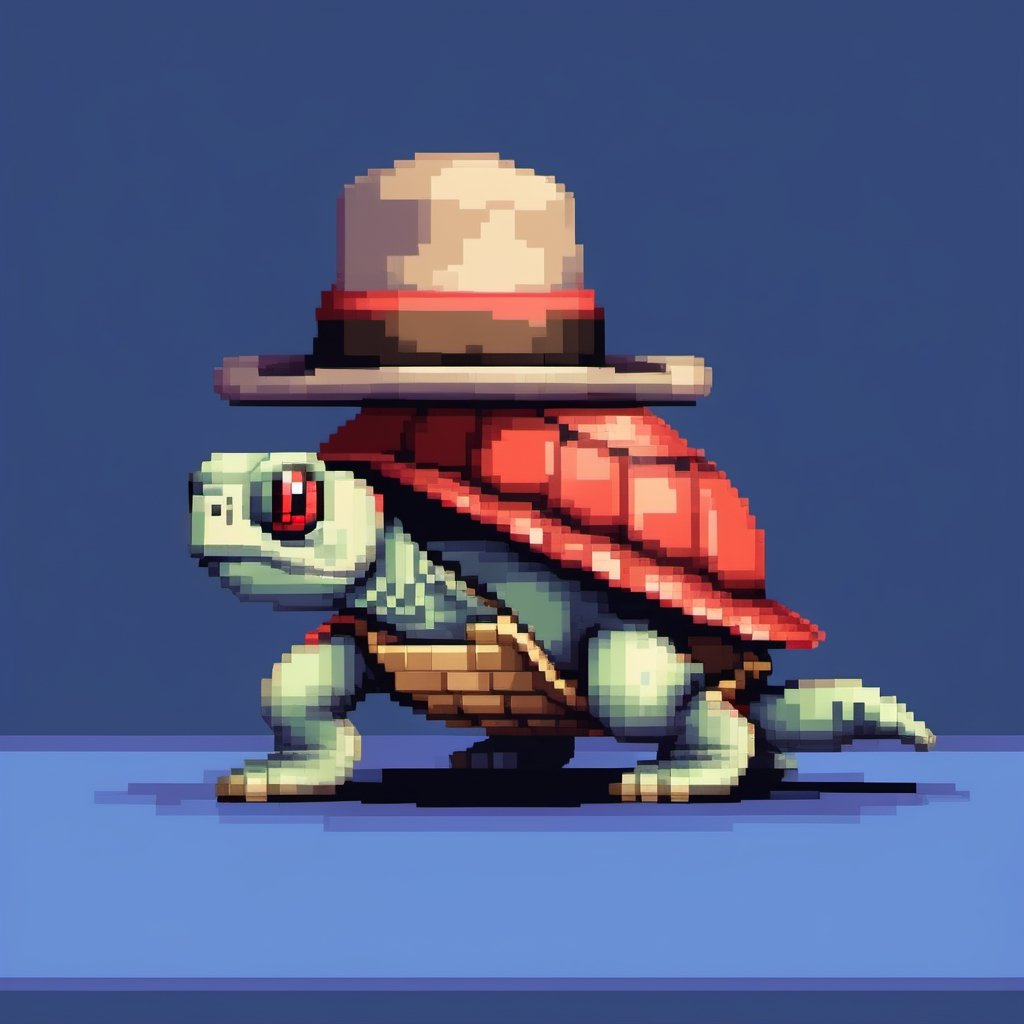 A turtle, ((with a hat on his head and red eyes:1.1)), crawling forward on all fours,(full body picture),(from the side:1.9),
A blue background,(Pixel Art :1.3), Pixel style,pixelartstyle