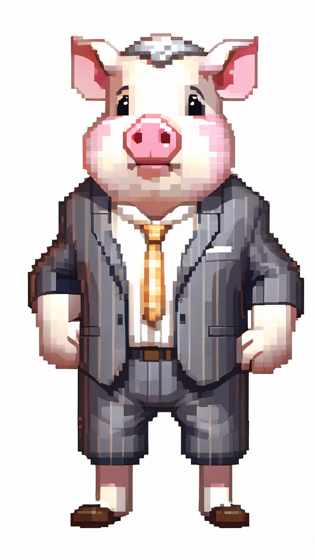 (a white-striped pig, anthropomorphic figure), weighing 100kg, (hair is a braid, the braid is draped across the chest), (wearing a suit, the figure), (standing on two legs), commanding with both hands forward, smiling towards the camera,pixel style