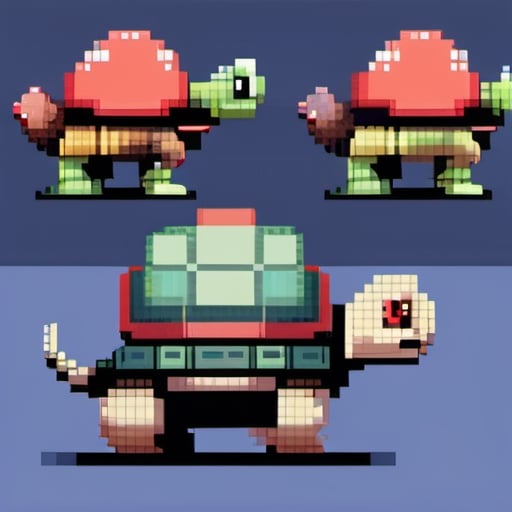 A turtle, 
((with a hat on his head and red eyes:1.1)), 
crawling forward on all fours,
full body,(from the side:2),
A blue background,
Pixel Art , Pixel style,