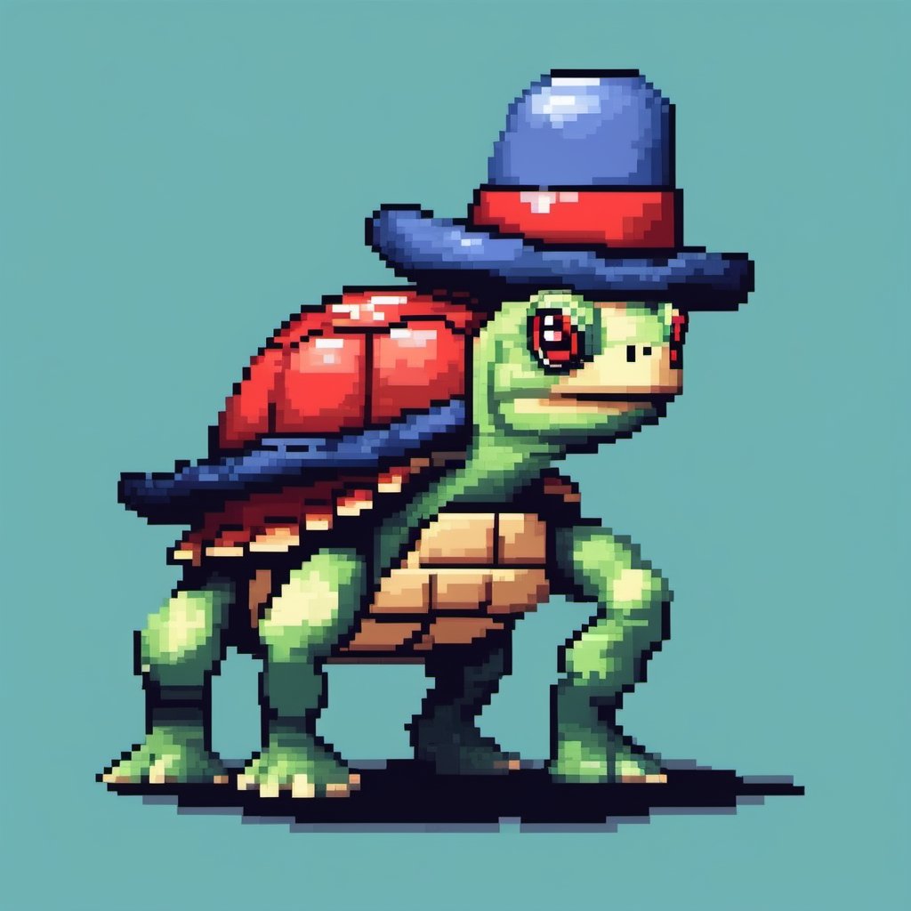 A turtle, ((with a hat on his head and red eyes:1.1)), crawling forward on all fours,(full body picture),(from the side:1.9),
A blue background,(Pixel Art :1.3), Pixel style,