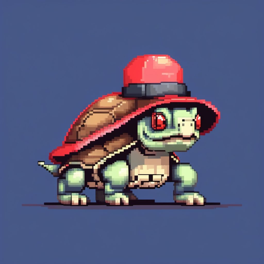 A turtle, ((with a hat on his head and red eyes:1.1)), crawling forward on all fours,(full body picture),(from the side:1.9),
A blue background,(Pixel Art :1.3), Pixel style,