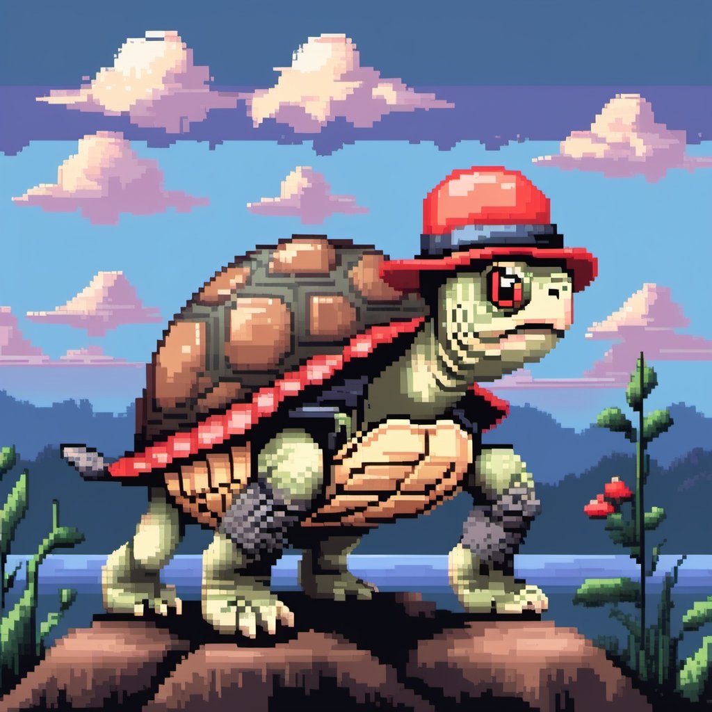 ((Turtle wearing a hat on the head:1.6)), turtle's red eyes, limbs crawling forward, (full body), (side full body picture), sky blue background, ((Pixel art:1.5)), pixel style,pixelstyle,