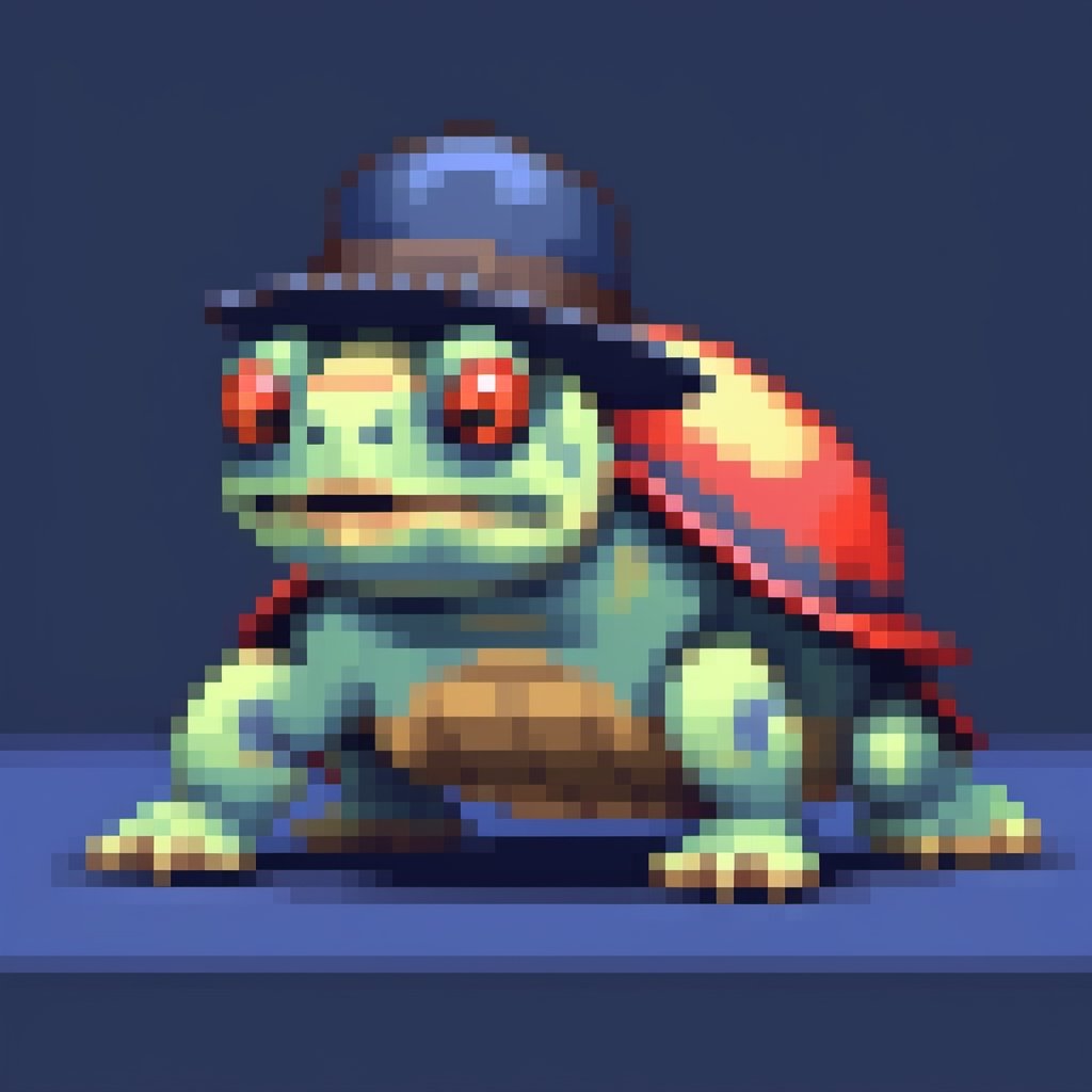 A turtle, ((with a hat on his head and red eyes:1.1)), crawling forward on all fours,(full body picture),(from the side:1.9),
A blue background,(Pixel Art :1.3), Pixel style,pixelartstyle