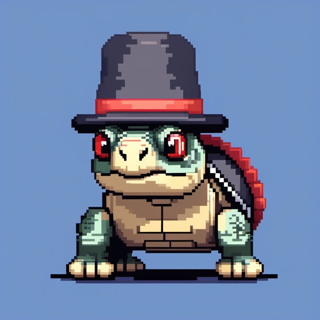 A turtle, ((with a hat on his head and red eyes:1.1)), crawling forward on all fours,
(full body picture),
(from the side),
A blue background,
(Pixel Art :1.3), Pixel style,