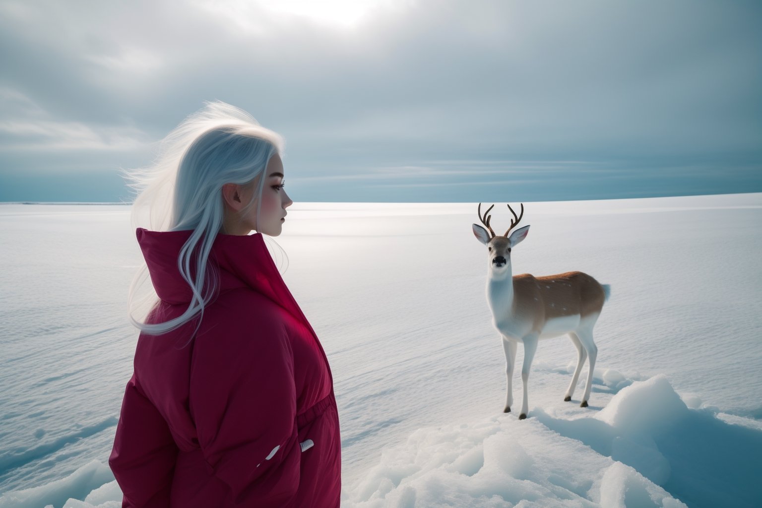 1girl,1 deer, white deer, white girl, white hair,white clothes, cold, ice, wide view, eery vibe