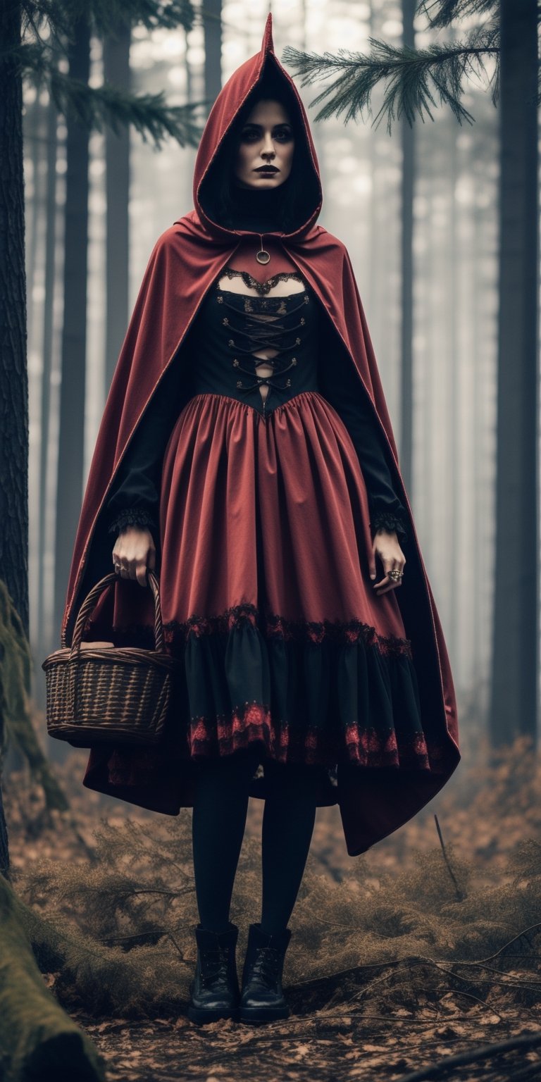 A young woman in a crimson lolita dress with a woven basket and red hooded cloak, encountering a charming wolf in a dark forest. (Style: Gothic, Mysterious, Detailed)
,Masterpiece,glittering,photorealistic,lolimix