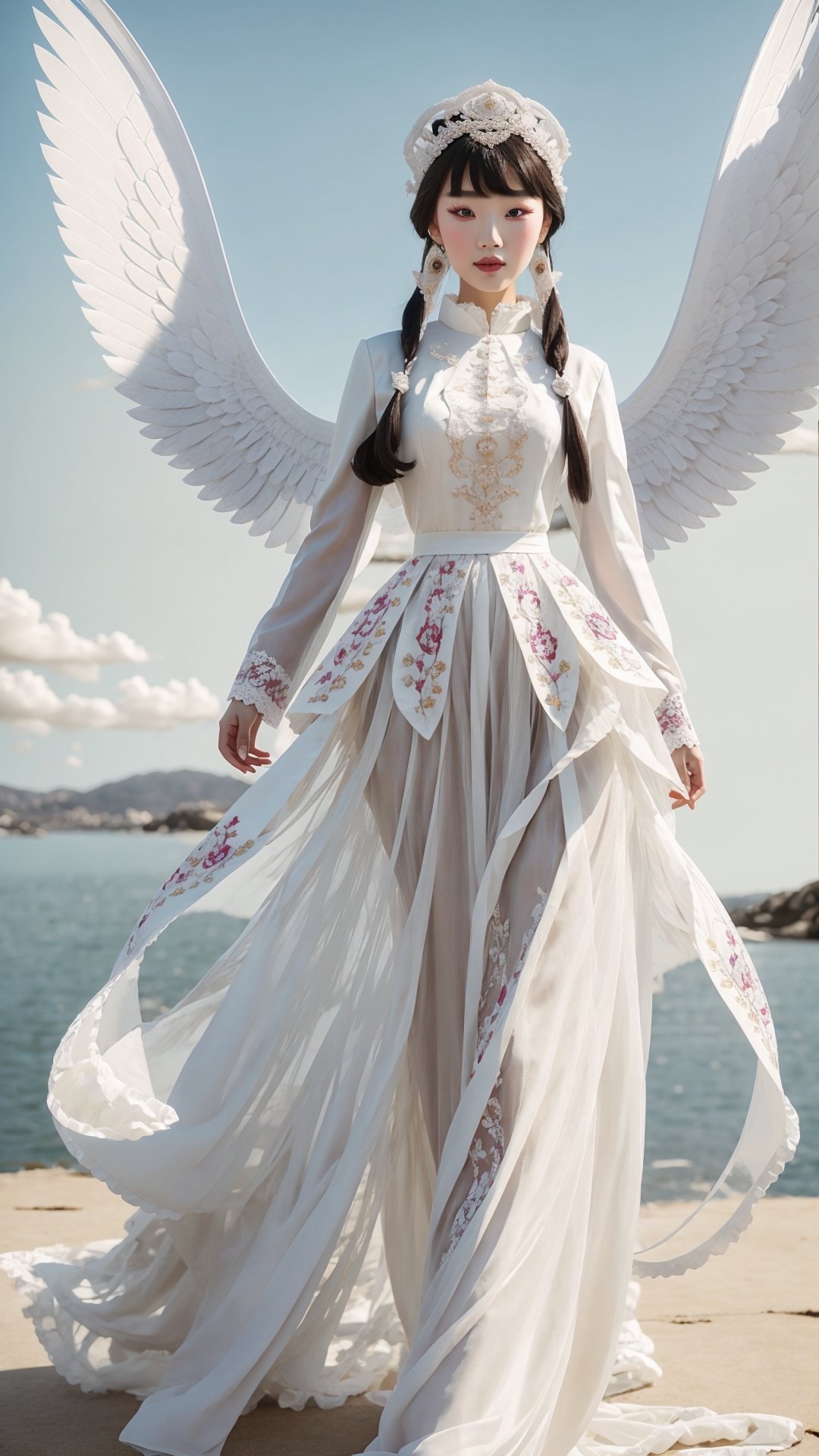 1girl,  full body, wings , see-through white clothes, pure white theme, ethereal light, Solo,nordic,Albino Angel girl,Pure white long Pigtail hair,((Natural makeup)), Picture a mesmerizing fusion where the rich heritage of Hmong ethnic attire, intertwines with the enchanting world of Lolita fashion, The garment, a visual symphony, showcases vibrant cross-stitch patterns reminiscent of Hmong craftsmanship, meticulously stitched in an array of colors, dress flows gracefully, embracing the whimsical elegance of Lolita fashion with lace, bows, and layers, creating a harmonious dance of tradition and modernity. Each detail, a brushstroke in this vibrant canvas,gentle Light, tells a story of cultural richness and sartorial fantasy, offering a feast for the eyes that captivates and transcends genres,Flower queen,Angel,guanyin,Realism,it_girl,photorealistic