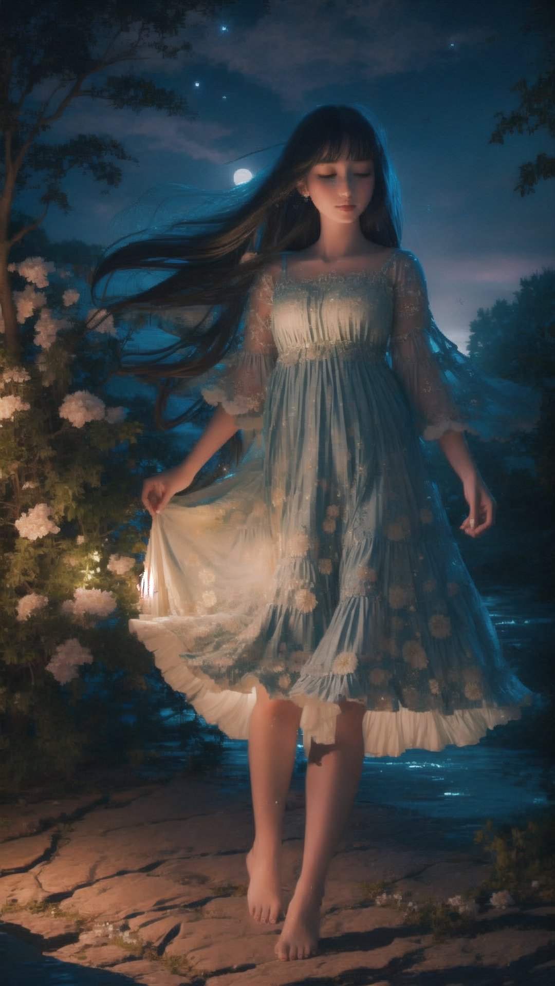 Masterpiece, Best Quality, highres, 1girl, full body, Beneath a star-studded sky, a girl with wind-swept black hair dances amidst a moonlit garden. Her silken slip dress, adorned with iridescent flower embroidery, shimmers like moonlight on water. The whisper of her bare feet on the dew-soaked grass blends with the chirping of crickets, creating a lullaby of the night. Her head tilted back, eyes closed in serene delight, she drinks in the intoxicating fragrance of blooming night jasmine. The camera focuses on the interplay of moonlight and shadow, the delicate details of the floral embroidery, and the ethereal, almost supernatural beauty of the girl in perfect harmony with nature's nocturnal magic,Realism,Detailedface,Portrait