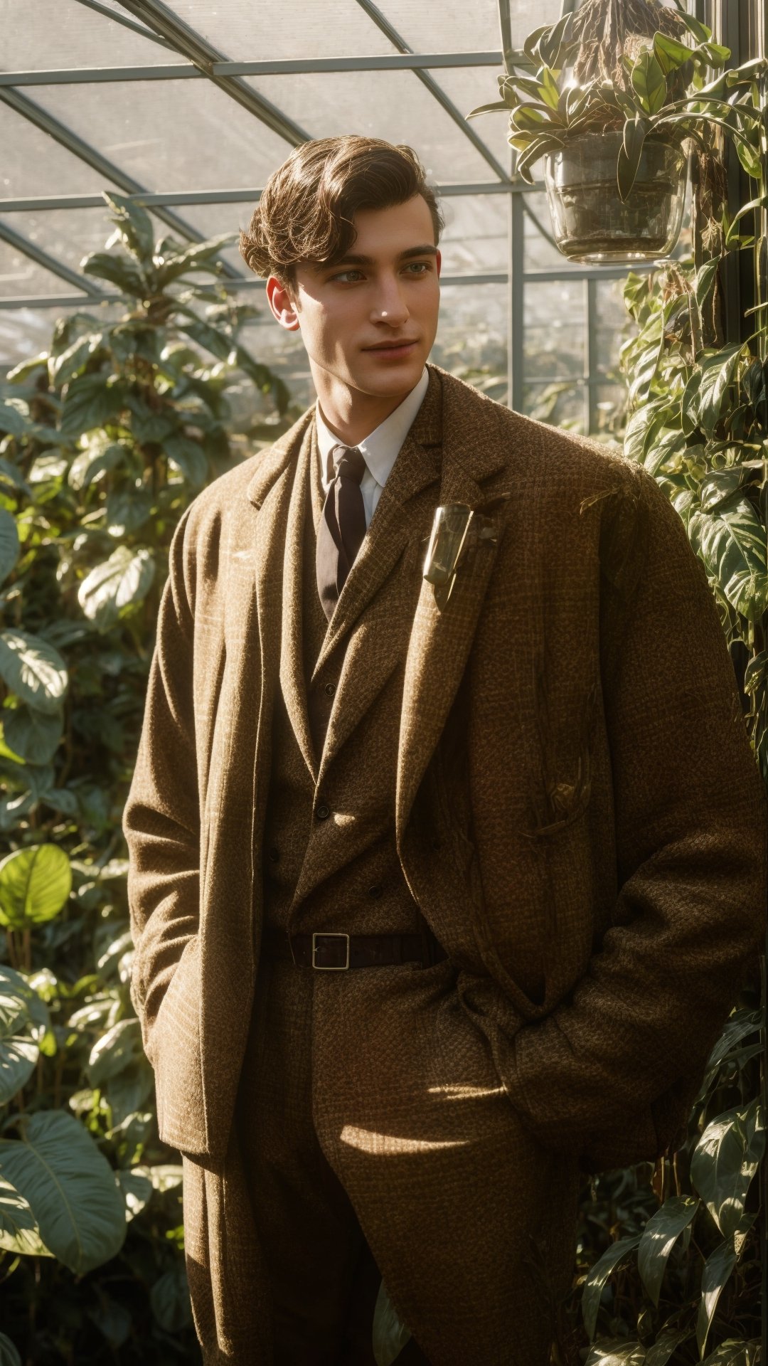  A young botanist in a tweed jacket tends to exotic plants in his vintage glasshouse. Sunlight filters through the glass, casting vibrant shadows on his work-worn hands. Candid, dedicated, high resolution.,ViNtAgE,photorealistic,Masterpiece,Detailedface