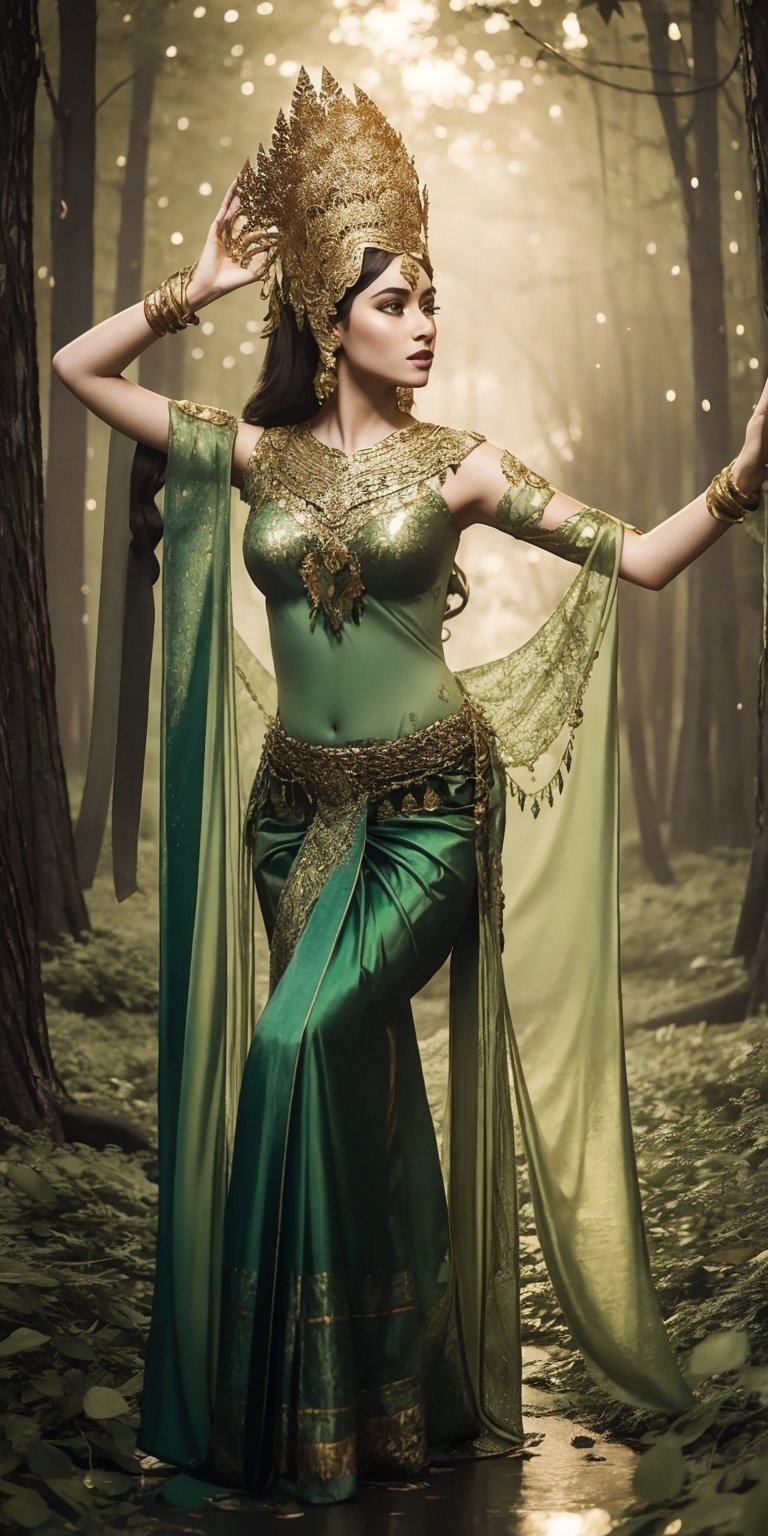 A model in a shimmering green silk apsara costume, adorned with nature motifs like leaves and vines. She dances amidst a magical forest filled with glowing flowers and mystical creatures, her movements mirroring the flow of the wind. (Style: Fantastical, Enchanting, Detailed)
,Masterpiece,photorealistic,apsara