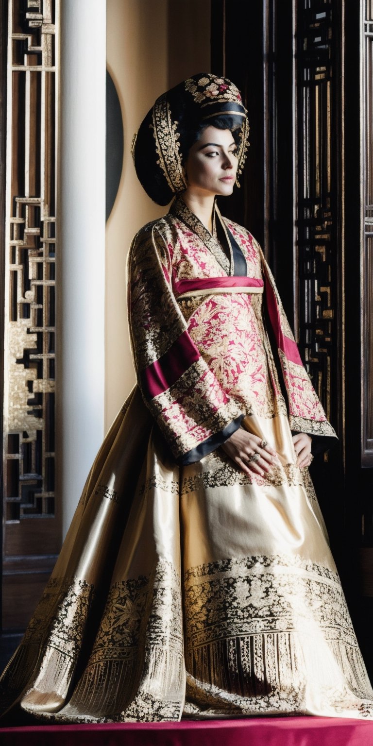 (full body), 1girl, French noblewoman,(French),adorned in opulent attire blending Chinese and medieval European styles,Envision her wearing a luxurious silk robe, traditional Chinese patterns, layered over a lavish gown featuring rich fabrics and elaborate draping characteristic of medieval European fashion,elegantly styled hair, adorned with ornate hairpins and delicate silk ribbons, award - winning photograph, masterpiece,photorealistic,Masterpiece,joseon,dark_myth