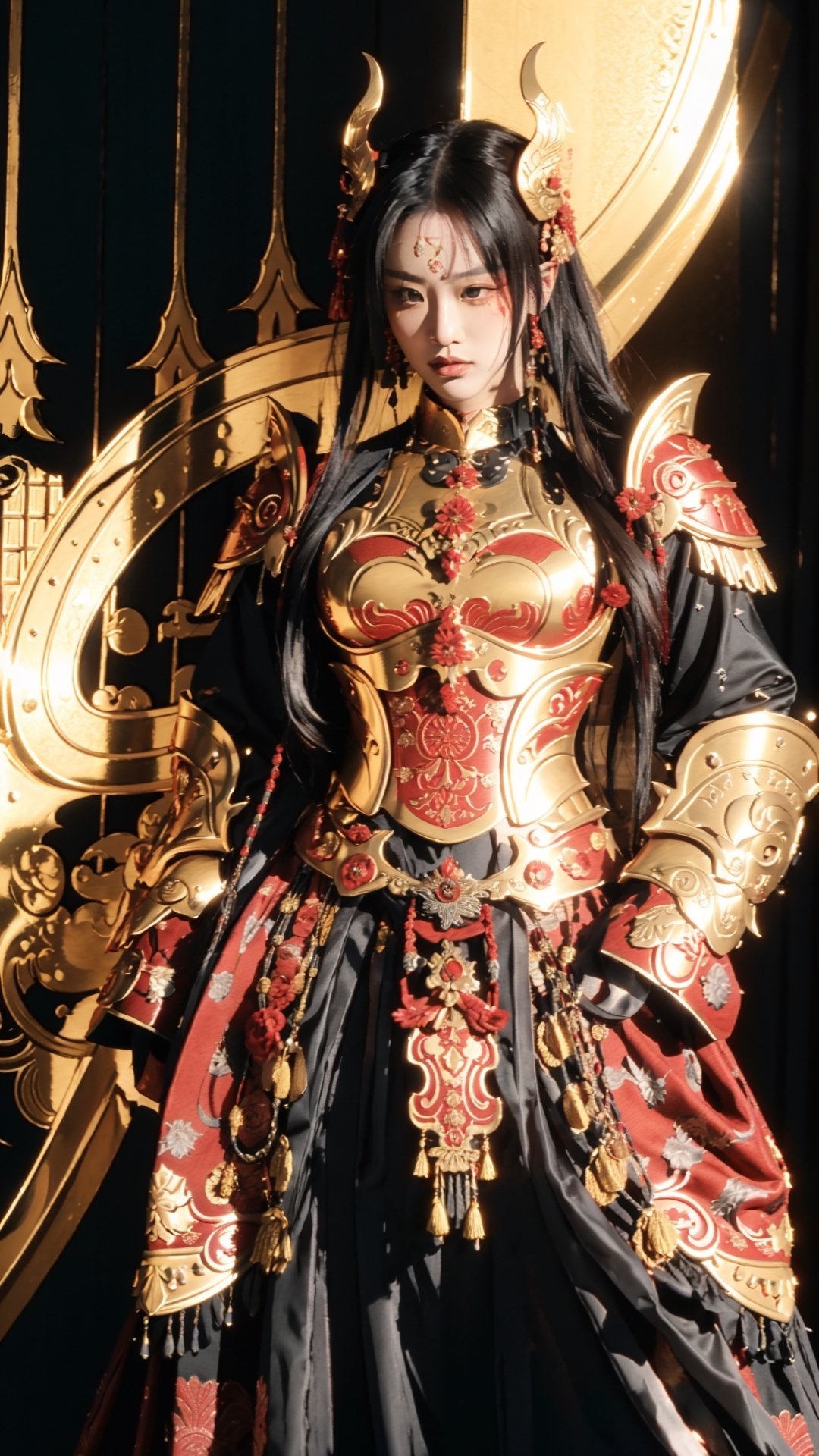 full body, sexy pose, A fierce samurai stands clad in intricately crafted traditional armor adorned with golden accents. The imposing red demon mask, meticulously designed with expressive features, adds a touch of ominous charm to the warrior's countenance. The helmet, highlighted by an elaborate golden front crest, exudes a sense of regality and strength. The artist skillfully employs bold brushstrokes to depict the samurai, conveying both the fine details of the armor and the dynamic energy of the scene, dramatic shadows