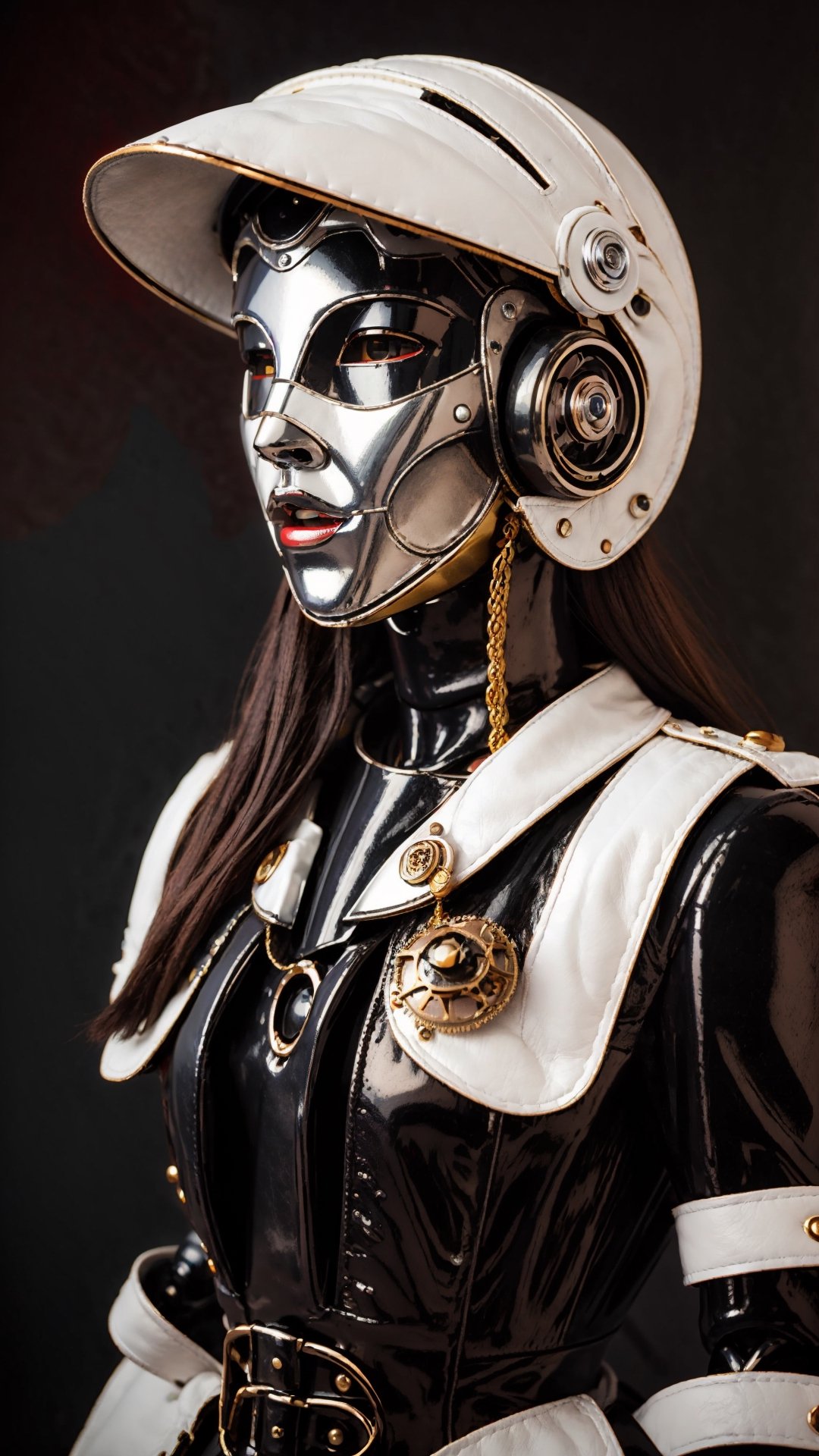 1girl, masterpiece, best quality, ultra-detailed, photorealistic, Three-quarter shot, steampunk surreal robot, venetian carnival white mask with bone surface, high surreal helmet, leather clothes, vivid colors, red, white, majestic pose, cinematic, dark shot, film grain, blur, spooky, black background, 3d style, masterpiece,Robot,photorealistic