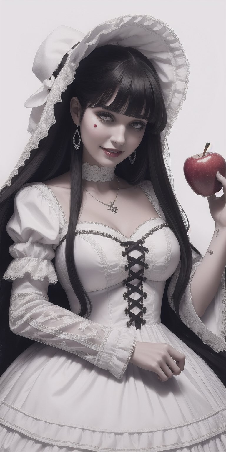 A model in a white lolita dress lies amidst slumbering animals, holding a bloody apple core. Her smile is replaced by a grimace of pain, as dark magic takes hold, twisting her features. (Style: Dark Fantasy, Body Horror, Detailed)
,lolimix,Masterpiece