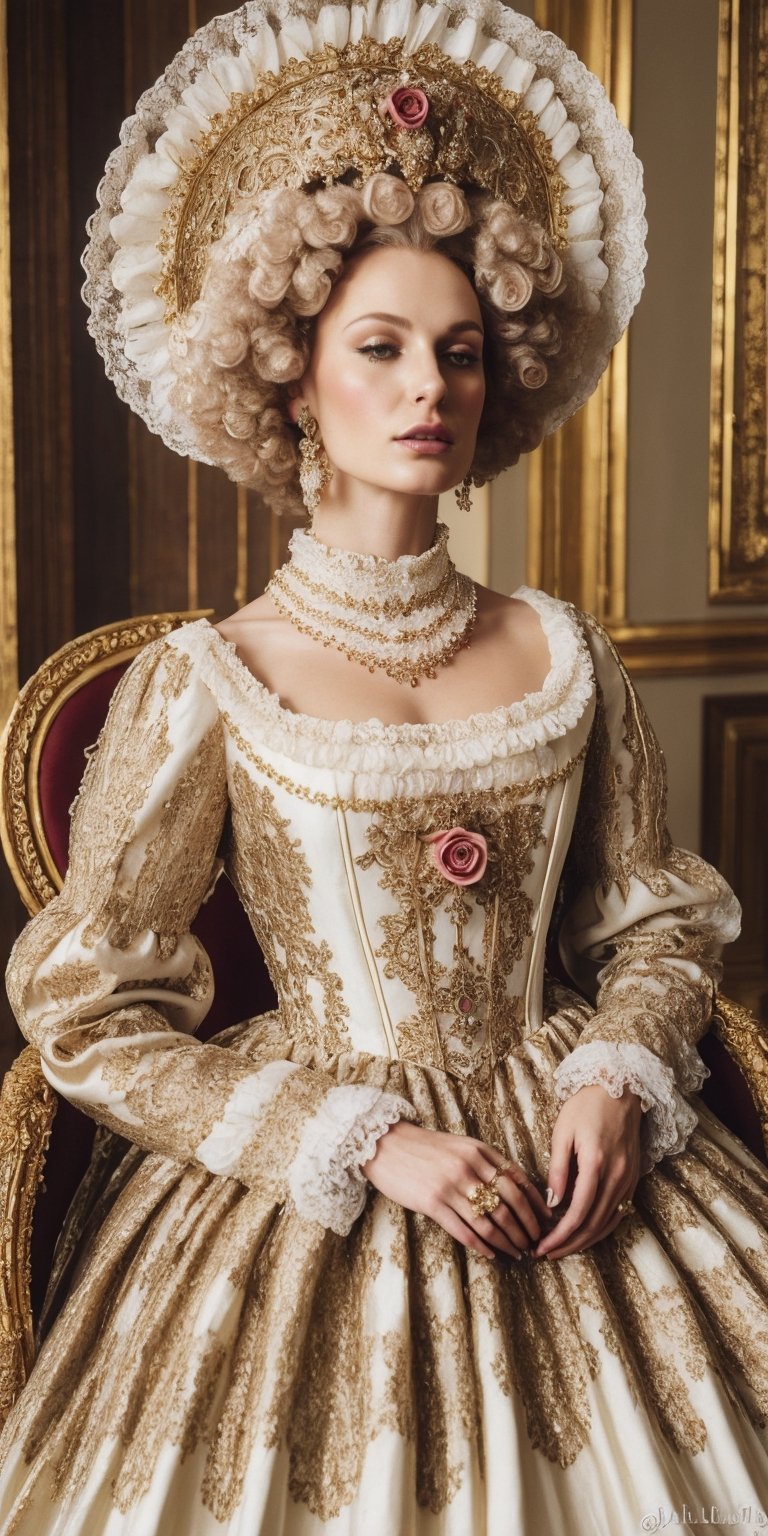 A model in a lavish white and gold lolita dress reminiscent of Marie Antoinette's fashion, complete with a powdered wig and a miniature rose bouquet. She sits regally on a throne, surrounded by opulent details. (Style: Historical, Elegant, Detailed)
,Masterpiece,glittering,photorealistic,lolimix