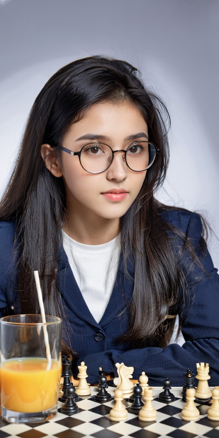 professional studio photograph, highly detailed, hyper realistic, masterpiece, aesthetic, 1girl, 19yo, long black hair, straighten hair, bangless, round glasses, wearing preppy long sleeve shirts, sitting at a table, a chess board, chess pieces, a glass of orange juice, a stack of notebooks, dutch angle, soft focus, cinematic lighting, Masterpiece,Enhanced Reality, side view