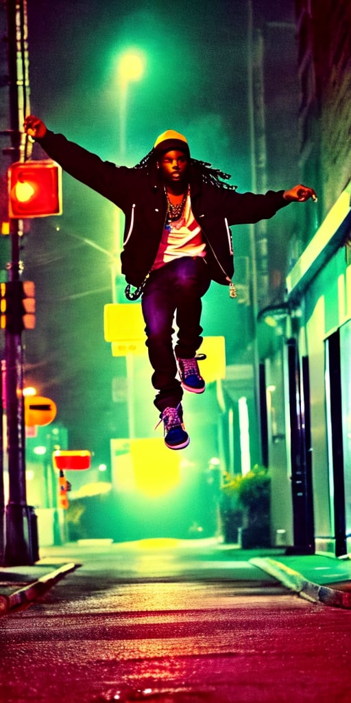 On a dimly lit, 90s-inspired street at night, a young Black man with long hair leaps energetically. He wears a hip-hop style jacket, jeans, and boots, with a chain gleaming around his neck. The scene is steeped in nostalgic darkness, capturing the essence of the era.