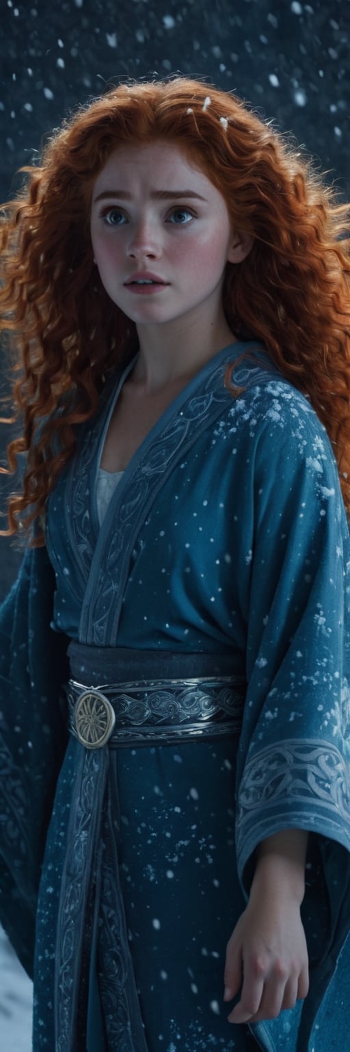 professional photo, full body, nighttime, 1girl, realistic Merida from disney's "Brave \(2012\)", wearing intricate light blue themed kimono adorned with silver accessories, under the falling snow, soft focus, cinematic. 1980s easthetic, (1980s video), hyper realistic, ultra detailed, impressive, aesthetic, cinematic lighting,Movie Still,photo r3al