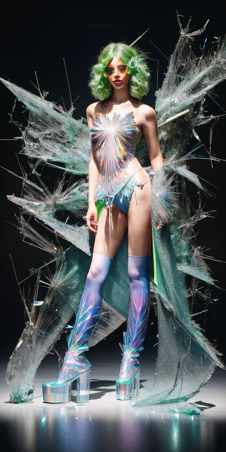 full body, hyper realistic, A woman of unparalleled beauty, long neon-green hair, her features embody perfection, and her bodysuit made of shattered glass and diamonds radiates a seemingly infinite holographic translucence, akin to flawless crystal. multicolored crystal background, ,glass_clothes,photorealistic,Masterpiece,1 girl,abg_makeup