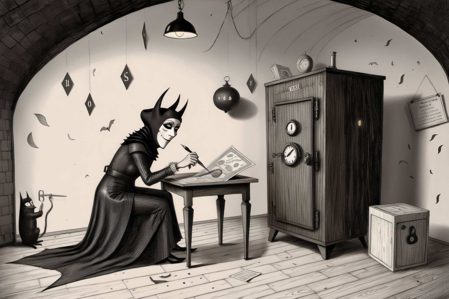 a woman in incarnival mask sitting at a smal table opening a big safe, Edward Gorey and comic style, tools on the ground, Line art, ink, monochrome,detailmaster2