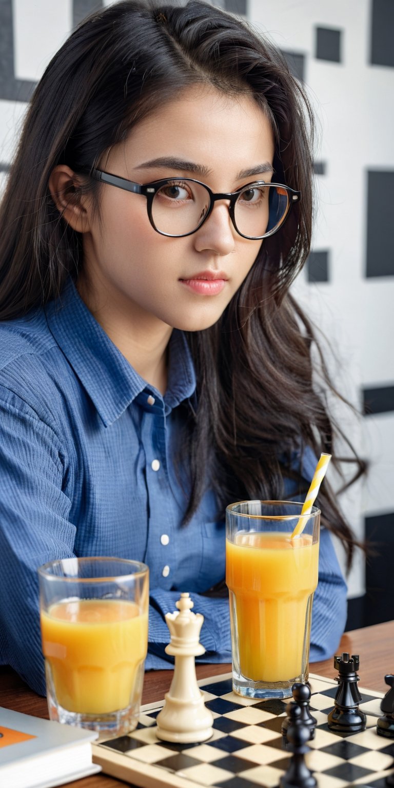 professional studio photograph, highly detailed, hyper realistic, masterpiece, 1girl, 19yo, long black hair, straighten hair, bangless, round glasses, wearing preppy long sleeve shirts, sitting at a table, a chess board, chess pieces, a glass of orange juice, a stack of notebooks, dutch angle, soft focus, cinematic lighting, Masterpiece,Enhanced Reality, side view