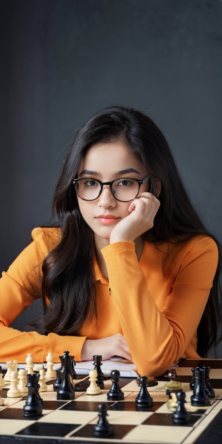 professional studio photograph, highly detailed, hyper realistic, masterpiece, 1girl, 19yo, long black hair, straighten hair, bangless, round glasses, wearing preppy long sleeve shirts, sitting at a table, a chess board, chess pieces, a glass of orange juice, a stack of notebooks, dutch angle, soft focus, cinematic lighting, Masterpiece,Enhanced Reality, side view