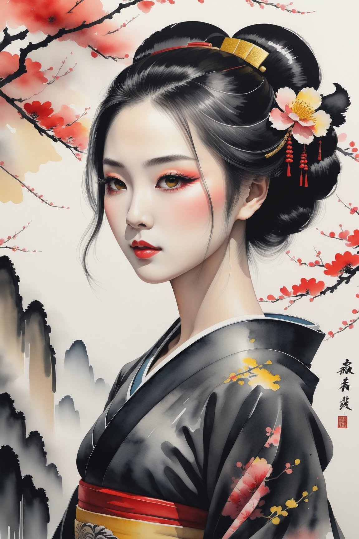 highly detailed, (chinese ink painting style, ink color, watercolor painting), look at viewer, portrait of a beautiful geisha lady, (color scheme: black-red-yellow), painting,cutegirlmix,chinese_painting,lis4,ink scenery, red sun and cherry blossoms background, chinese ink drawing,jennierubyjenes,roses_are_rosie