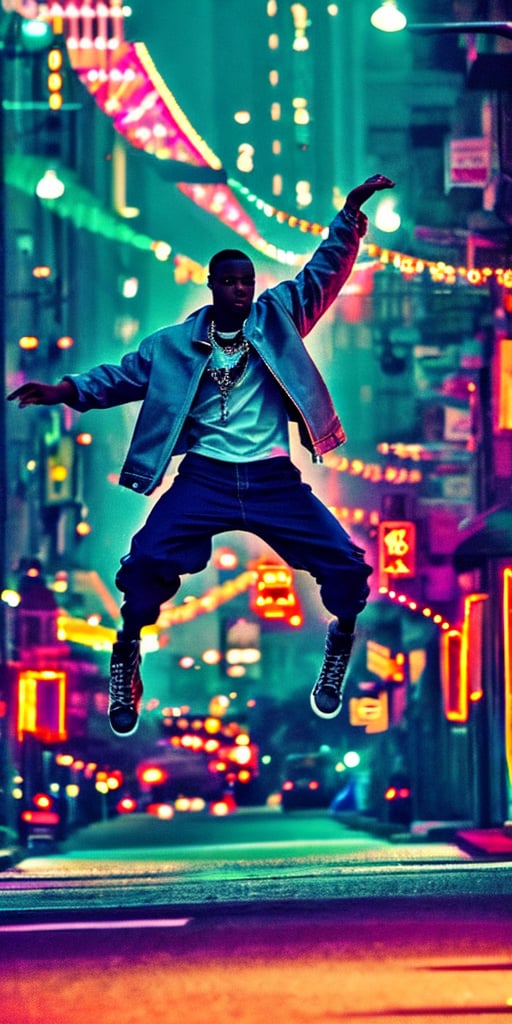 On a dimly lit, 90s-inspired street at night, a young Black man with long hair leaps energetically. He wears a hip-hop style jacket, jeans, and boots, with a chain gleaming around his neck. The scene is steeped in nostalgic darkness, capturing the essence of the era.