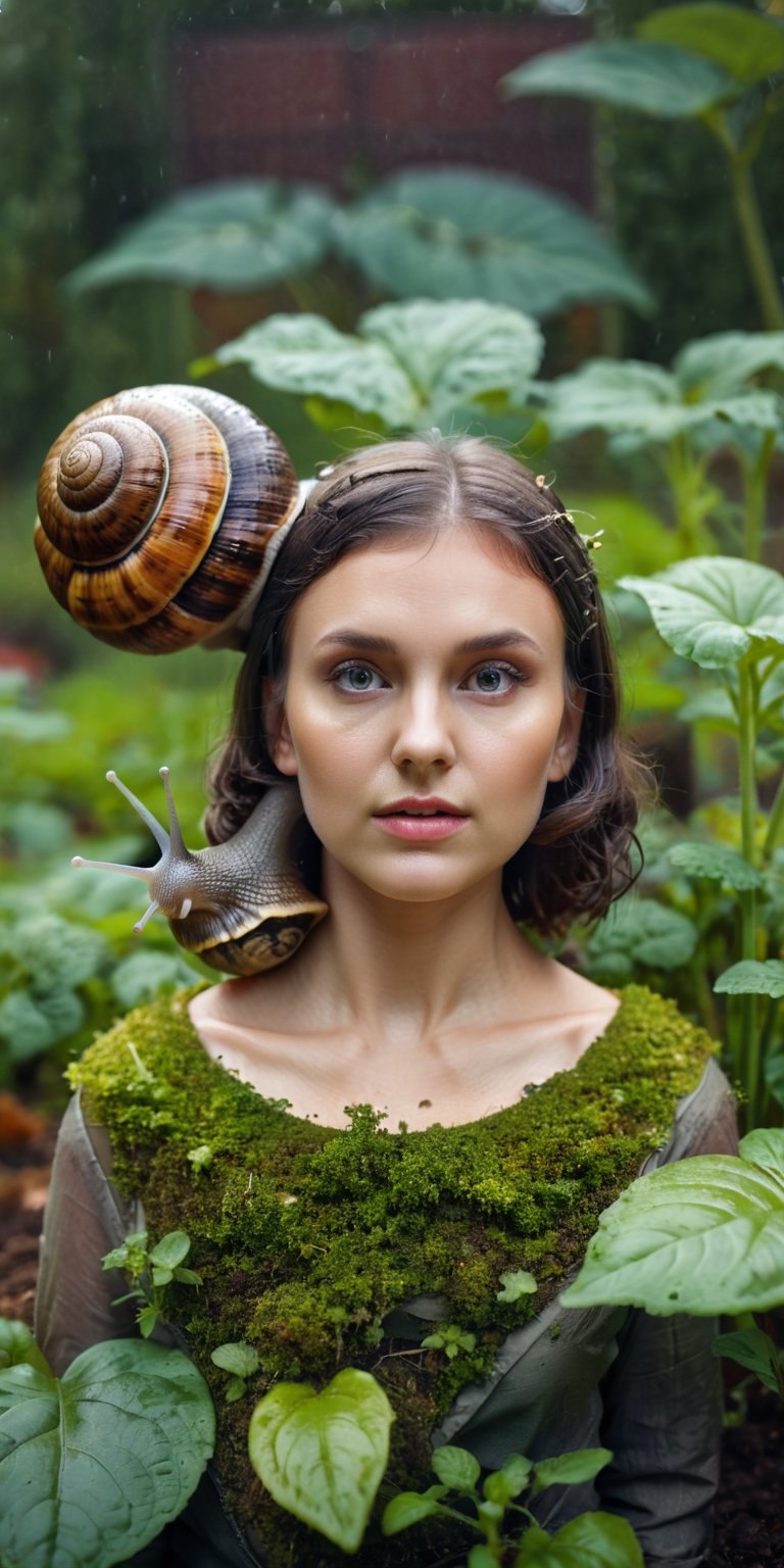 fashion board, beautiful girl mixed with a snail, snail body, human head protruding from the snail shell, snail antennae, crawling on the wet vegetable garden ground, cinematic lighting, aesthetic