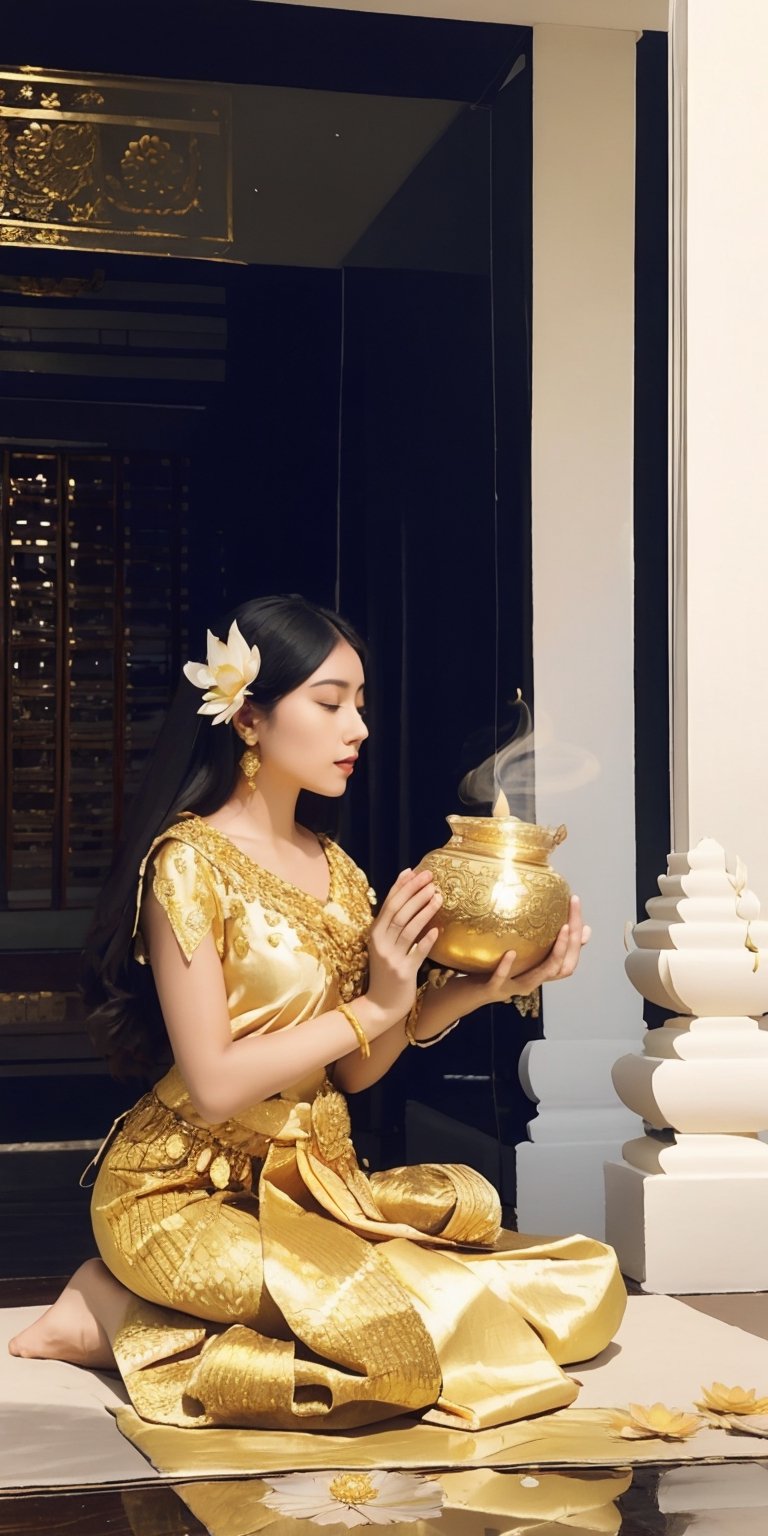 A young woman in a golden-hued silk apsara costume, adorned with lotus flower embroidery. She kneels gracefully, offering a bowl of fragrant flowers and incense at a sacred shrine, sunlight illuminating the scene with a warm glow. (Style: Devotional, Peaceful, Detailed)
,Masterpiece,photorealistic,apsara