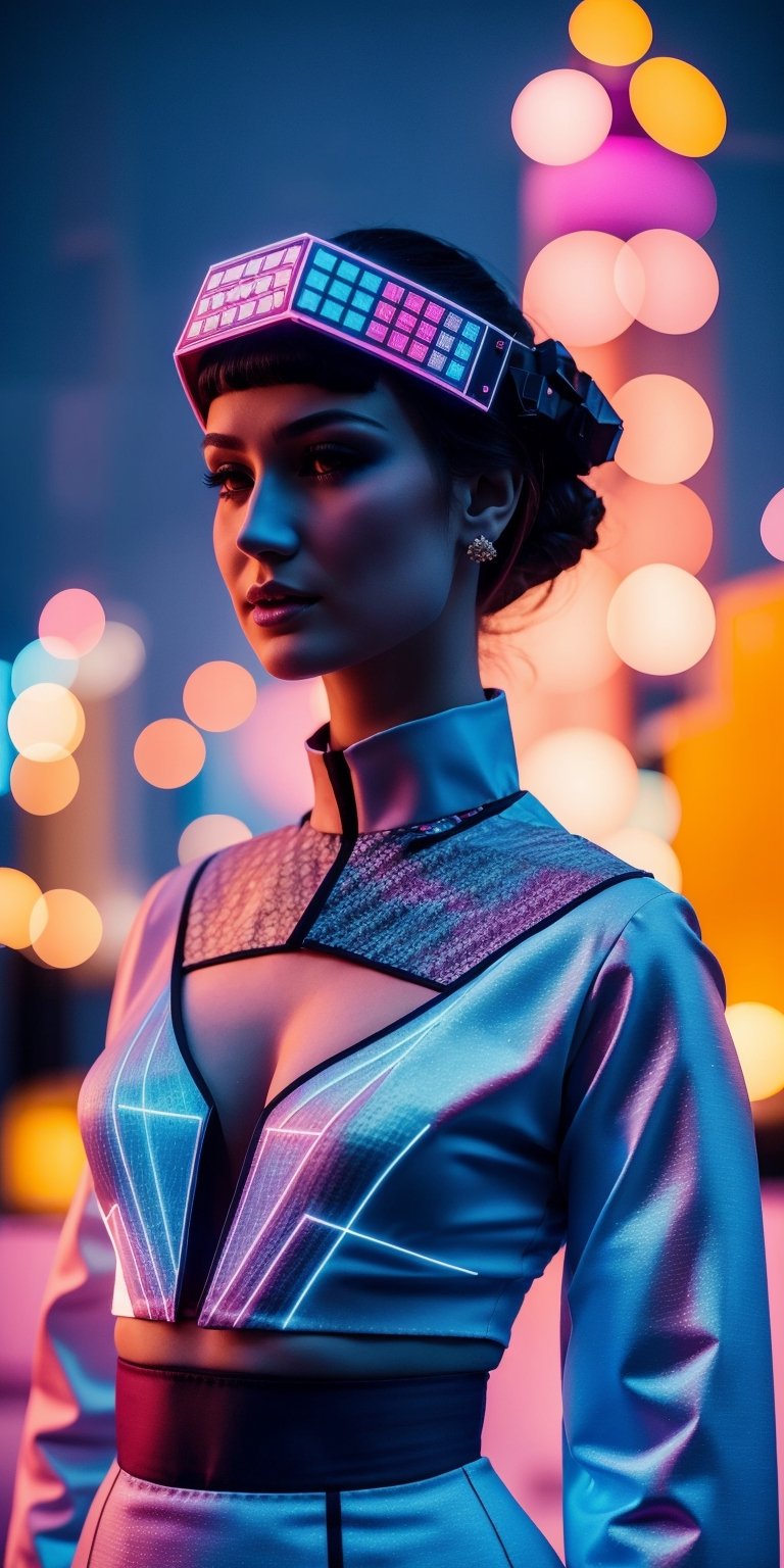 1girl,(Nordic girl), Kazakhstan's cyberpunk-inspired traditional wedding attire, sleek colorful fabrics replace traditional textiles, with intricate circuitry patterns adorning the garments. The bride's gown angular lines reminiscent of futuristic armor, embellished with holographic accents and LED lights,such as illuminated accessories and augmented reality displays embedded in her headgear, Pakistani dress, cYbeR