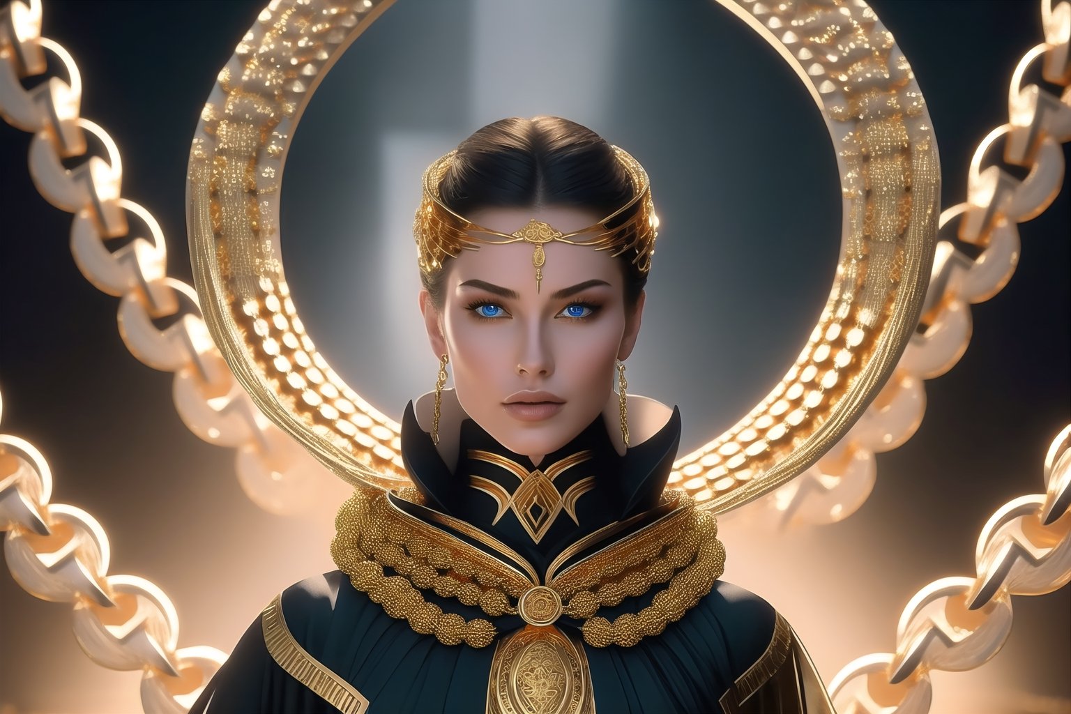 Lady Jessica, a prominent character in "Dune," is depicted as a commanding figure draped in a flowing robe, cascades from her head,Her attire symbol of her status and authority,((Gold chains wrapped around the face:1.5)),billows around her as she moves, creating an aura of grace and elegance.Her piercing blue eyes, a striking contrast against her dark robes, captivate those who meet her gaze. Behind their beauty lies a depth of wisdom and determination, reflecting her inner strength and resolve