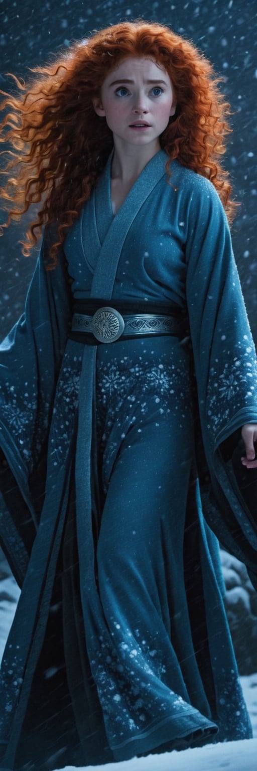 professional photo, full body, nighttime, 1girl, realistic Merida from disney's "Brave \(2012\)", wearing intricate light blue themed kimono adorned with silver accessories, under the falling snow, soft focus, cinematic. 1980s easthetic, (1980s video), hyper realistic, ultra detailed, impressive, aesthetic, cinematic lighting,Movie Still,photo r3al