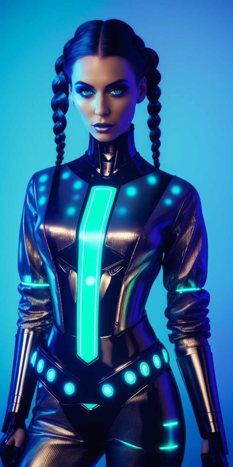  Model with cybernetic enhancements (glowing eyes, metallic arm), posing amidst futuristic, bioluminescent plants. Dress becomes a mix of high-tech fabric and woven metallic flowers. Hair styled with futuristic braids and neon streaks. Focus on edgy, cyberpunk fashion with botanical elements, flower_core