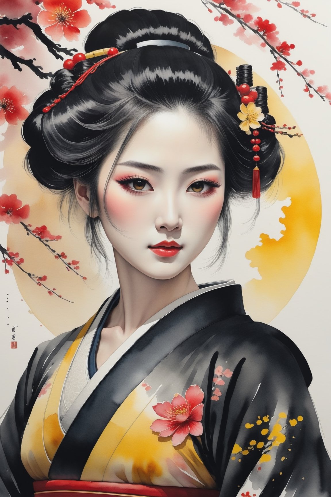 highly detailed, (chinese ink painting style, ink color, watercolor painting), look at viewer, portrait of a beautiful geisha lady, (color scheme: black-red-yellow), painting,cutegirlmix,chinese_painting,lis4,ink scenery, red sun and cherry blossoms background, chinese ink drawing,jennierubyjenes,roses_are_rosie