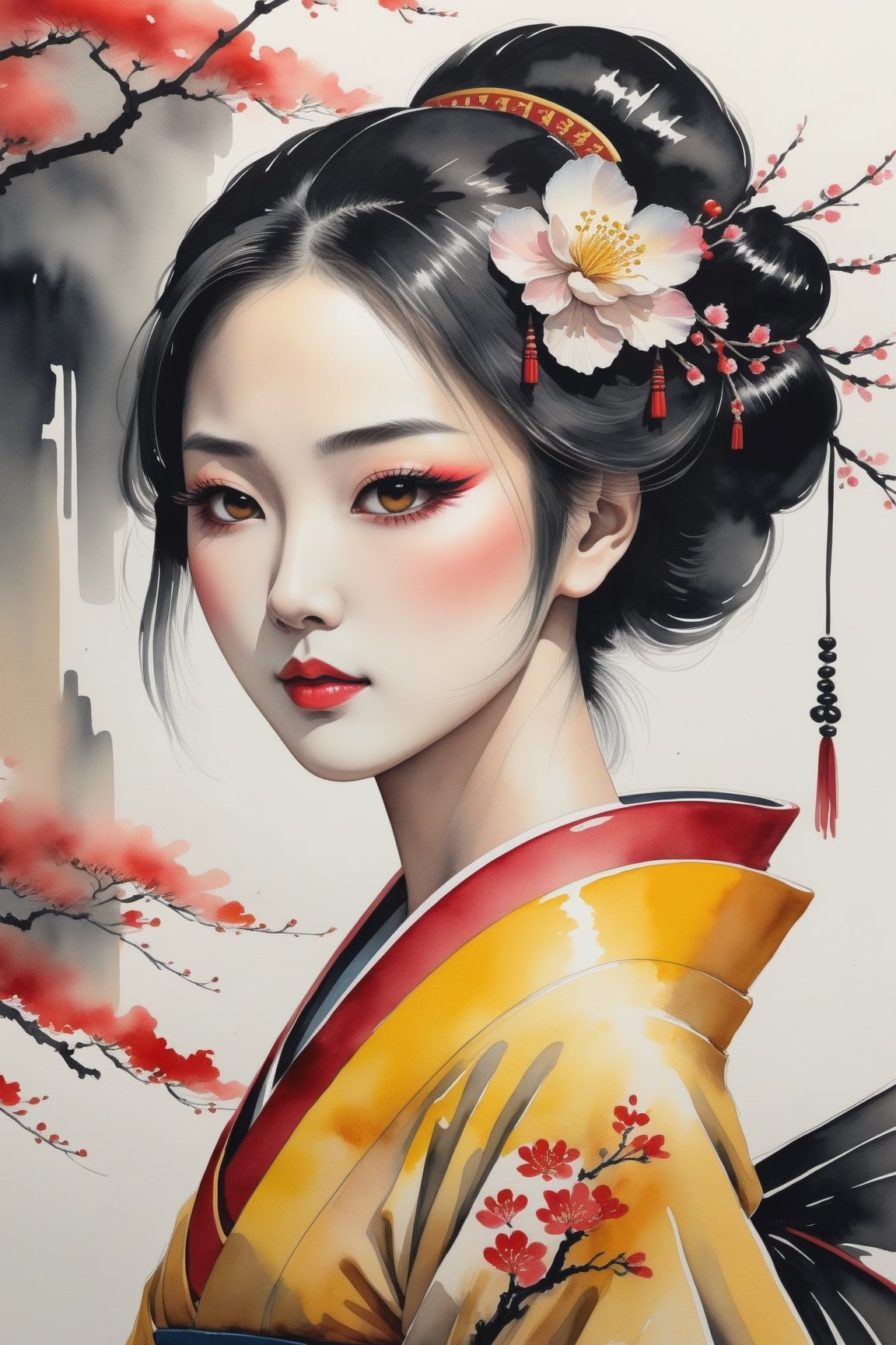 highly detailed, (chinese ink painting style, ink color, watercolor painting), look at viewer, portrait of a beautiful geisha lady, (color scheme: black-red-yellow), painting,cutegirlmix,chinese_painting,lis4,ink scenery, red sun and cherry blossoms background, chinese ink drawing,jennierubyjenes,roses_are_rosie