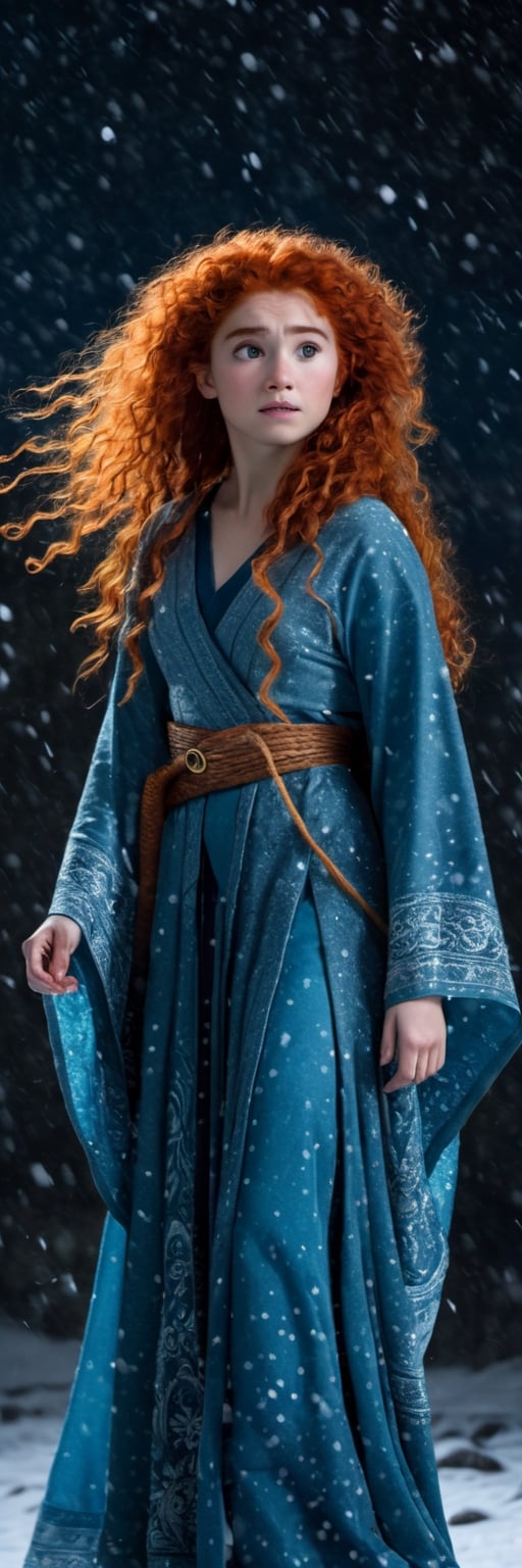 professional photo, full body, nighttime, 1girl, realistic Merida from disney's "Brave \(2012\)", wearing intricate light blue themed kimono adorned with silver accessories, under the falling snow, soft focus, cinematic. 1980s easthetic, (1980s video), hyper realistic, ultra detailed, impressive, aesthetic, cinematic lighting,Movie Still,photo r3al