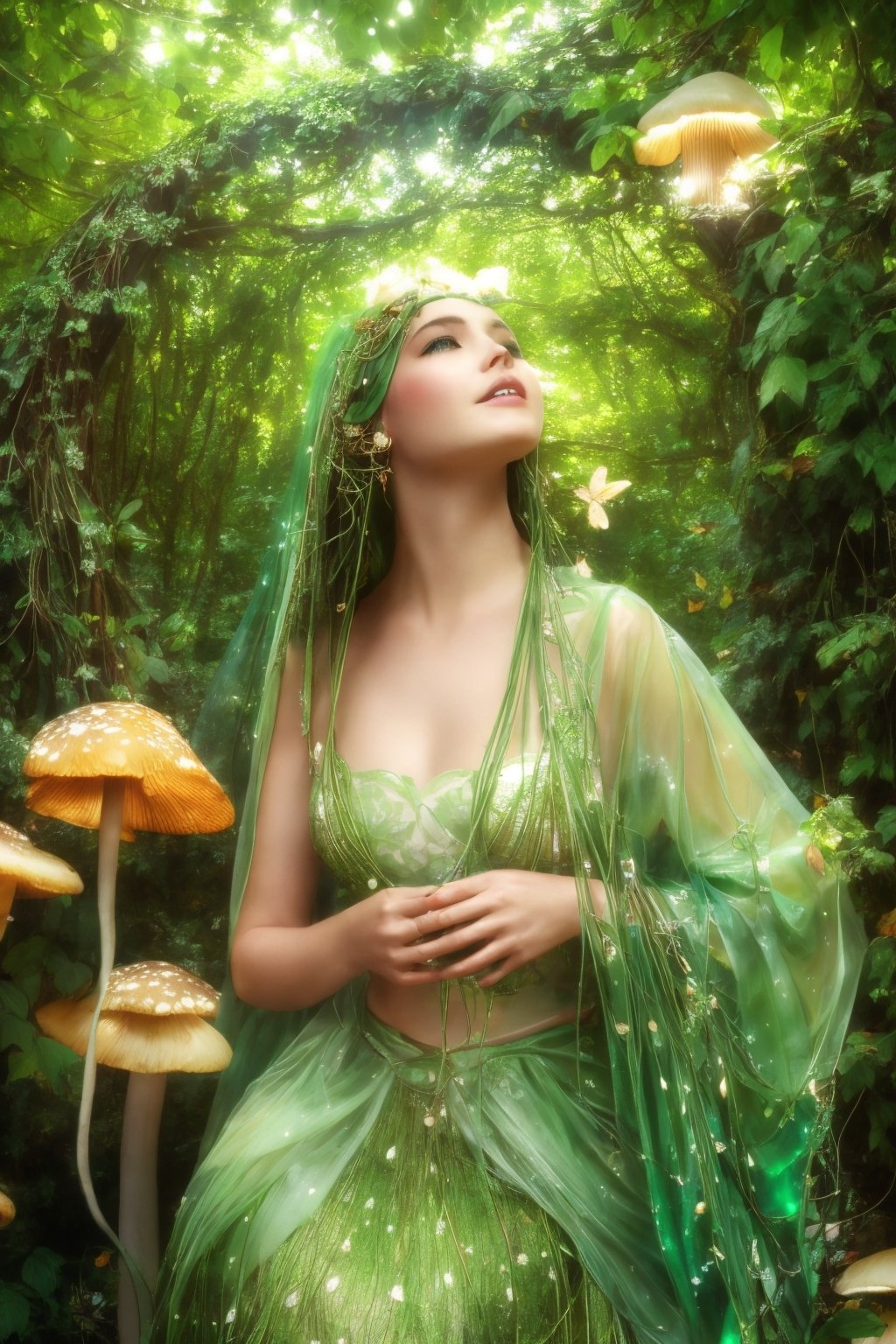 Beneath a canopy of luminous mushrooms, a young elf with emerald eyes braided her hair with vines, humming an ancient melody. Butterflies with shimmering wings danced around her, drawn to the magic in her touch.photorealistic,ViNtAgE,photorealistic