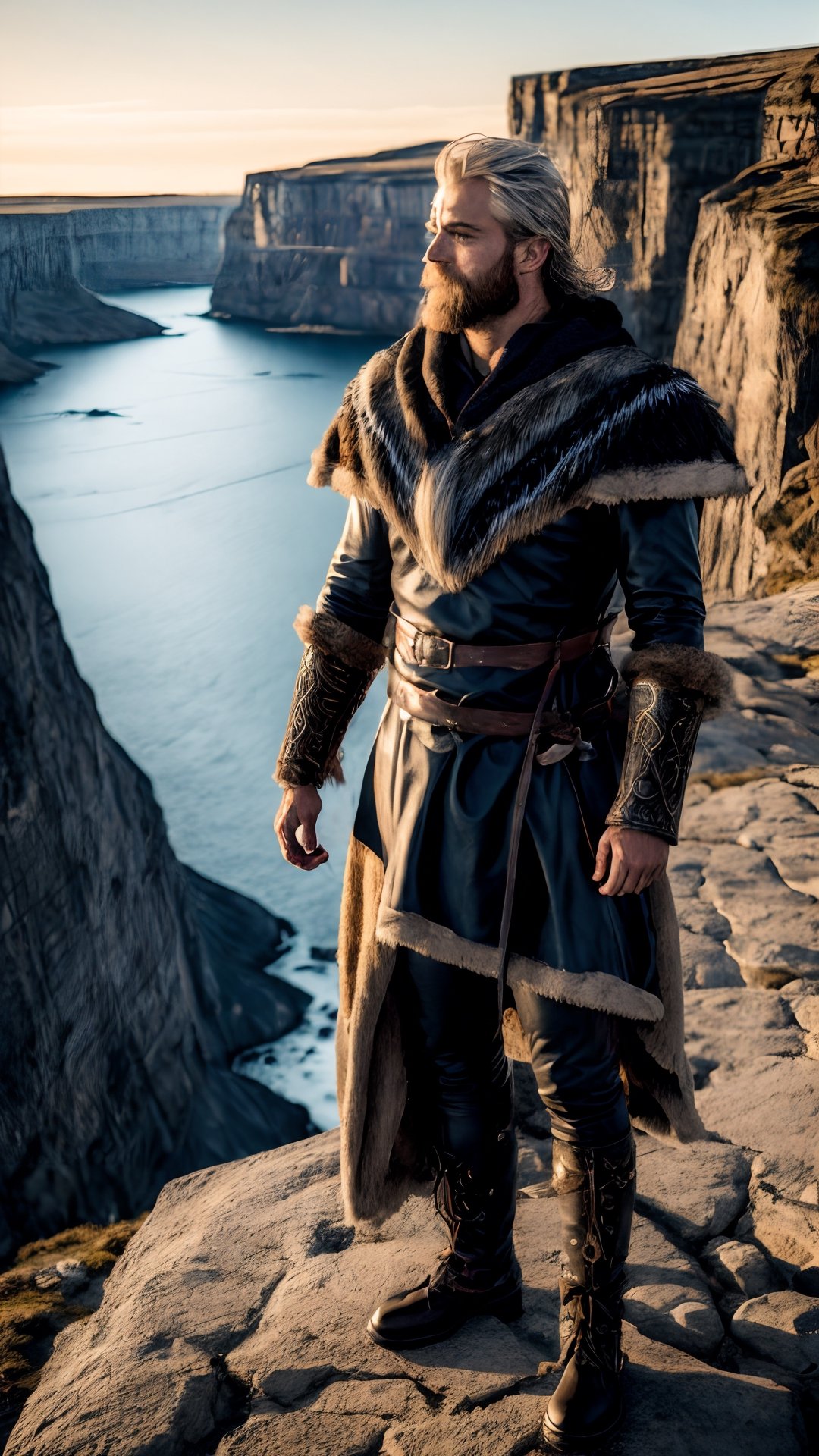  Amidst the windswept cliffs of a mystical land, a Nordic healer stands resolute, his rugged features etched with wisdom and strength. Traditional runes adorn his leather garb, a stark contrast to the ethereal glow emanating from his fingertips.