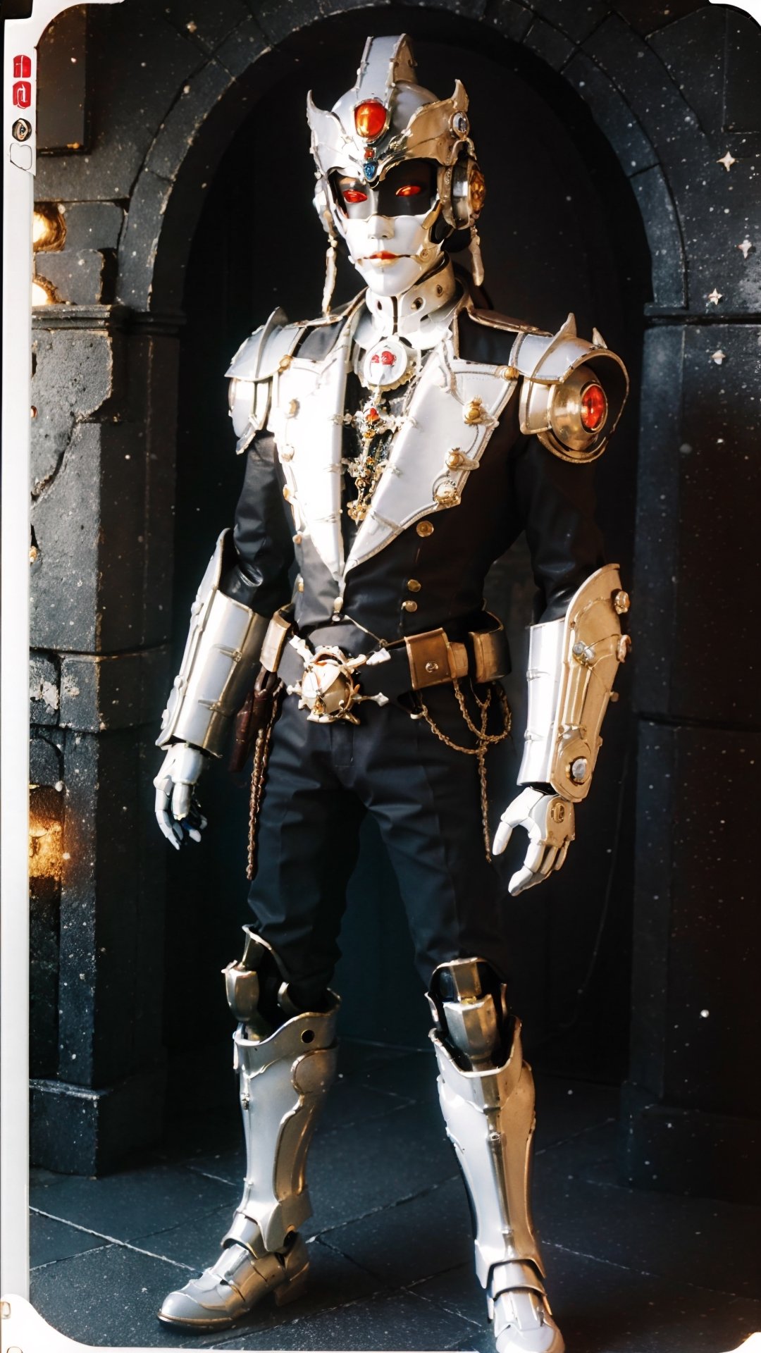 full body, masterpiece, best quality, ultra-detailed, photorealistic, Three-quarter shot, steampunk surreal robot, venetian carnival white mask with bone surface, high surreal helmet, leather clothes, vivid colors, red, white, majestic pose, cinematic, dark shot, film grain, blur, spooky, black background, 3d style, masterpiece,Robot